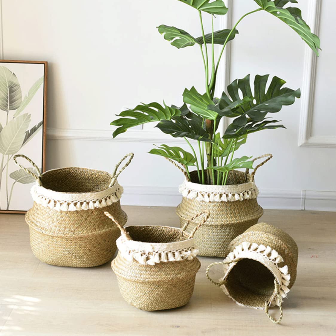 Natural Seagrass Woven Basket with Handles - Foldable Plant Pot, Home Decor Storage Organizer for Laundry, Flowers & Organizing | Stylish White Tassel Accent | Perfect for Boho Home Decor, Bathroom Storage & Nursery Organization