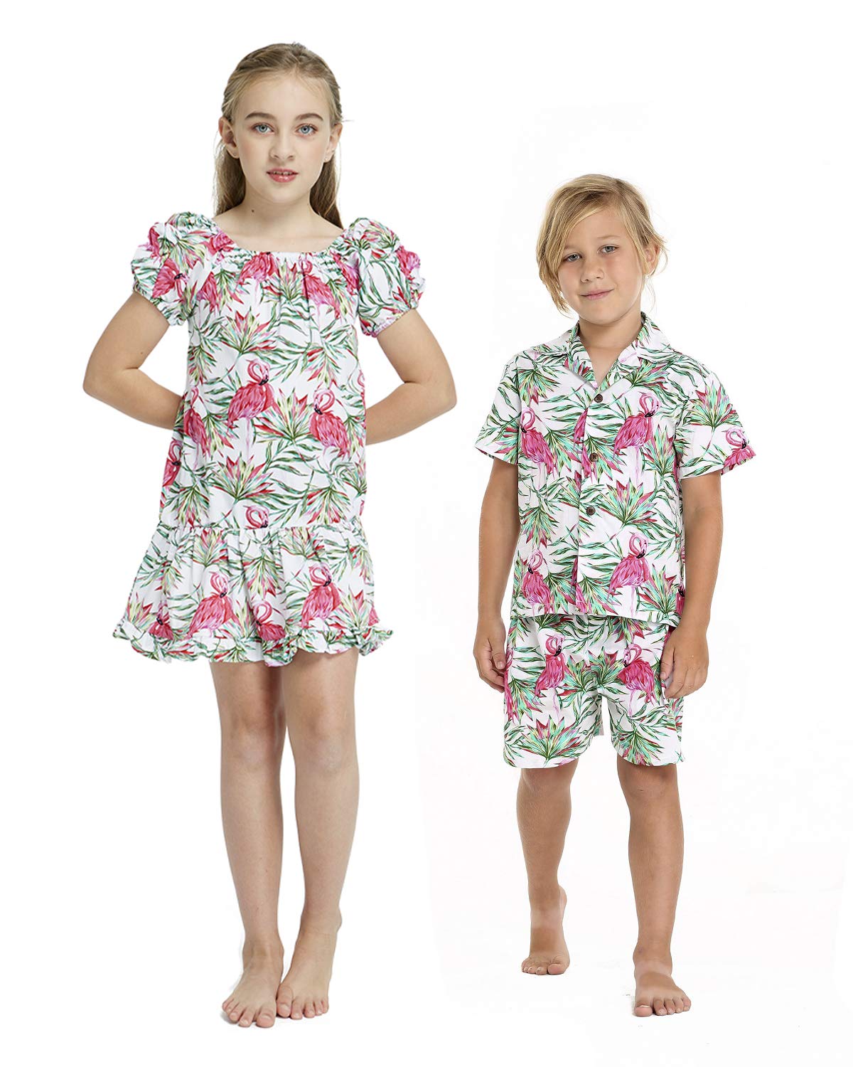 Hawaiian Luau Matching Siblings Outfit - Floral Muumuu Dress for Girls & Aloha Shirt for Boys - Flamingo in Love Design - Perfect for Family Vacations, Beach Parties & Tropical Themed Events
