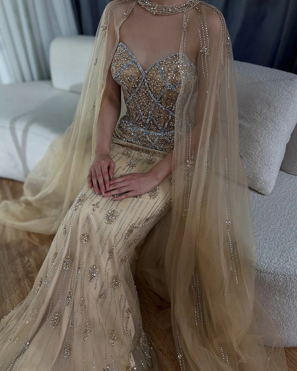 Luxury Dubai Nude Saudi Evening Gown with Detachable Cape Sleeves - Mermaid Beaded Formal Dress for Wedding, Prom, Gala & Special Occasions LA72716