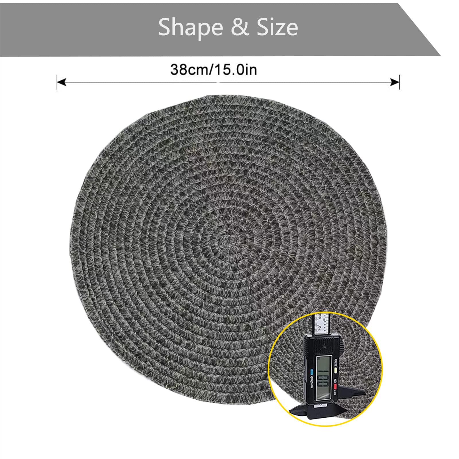 DACHUI 15 Inch Round Placemats Set of 6 - Washable Dark Grey Table Mats for Dining Room, Kitchen, and Outdoor Picnics - Non-Slip Waterproof Place Mats for Everyday Use and Special Occasions