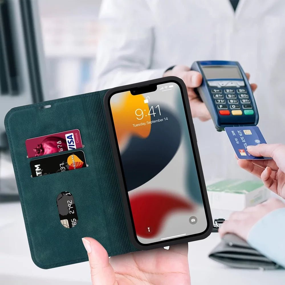 Premium Genuine Leather Wallet Case with MagSafe for iPhone 13/14/15 Pro Max - Slim RFID Blocking Card Holder for Daily Use & Travel