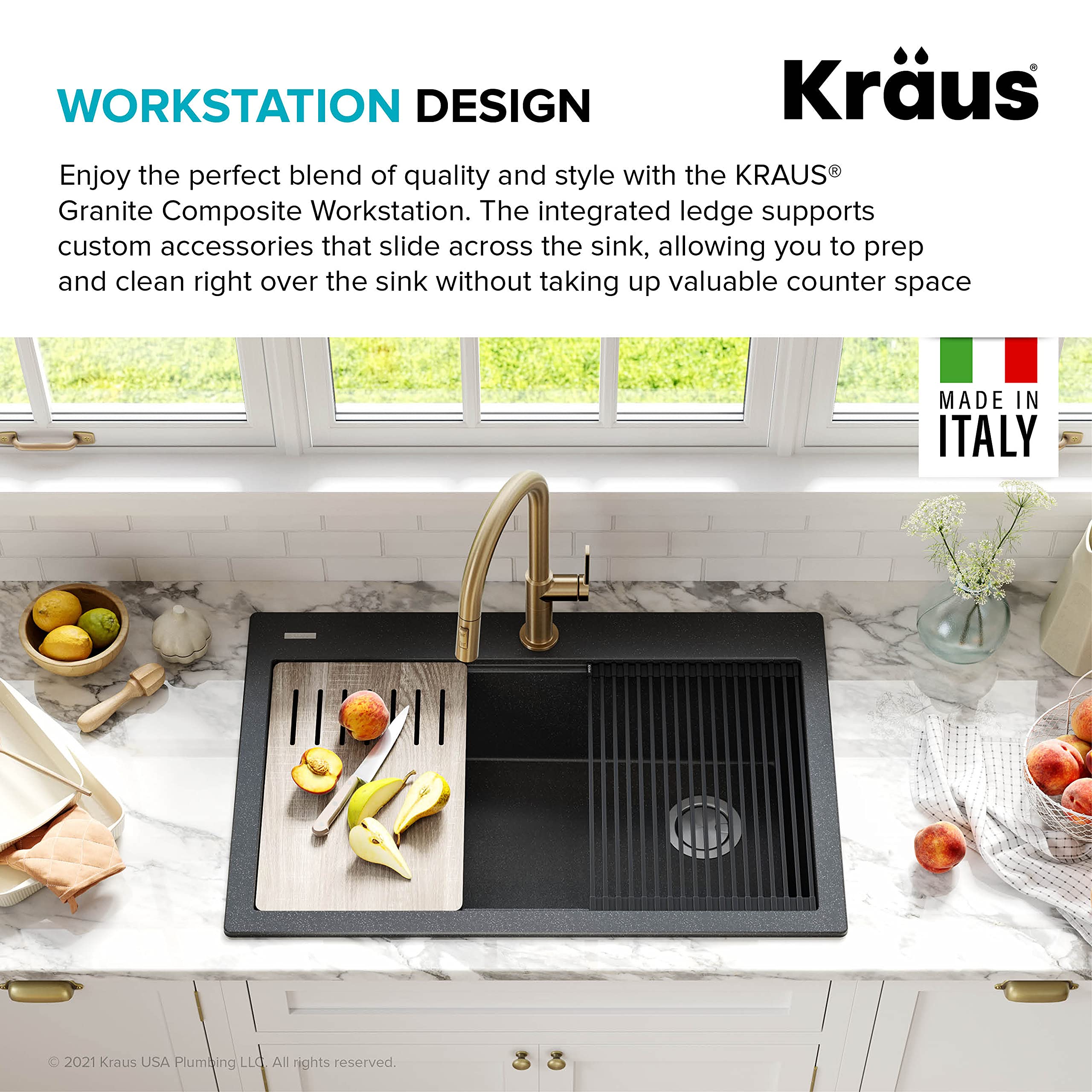 KRAUS Bellucci 33-Inch Drop-In Granite Composite Single Bowl Kitchen Sink in Metallic Black with Accessories & WasteGuard™ Garbage Disposal - Durable, Stylish for Modern Kitchens | Perfect for Meal Prep, Dishwashing & Entertaining