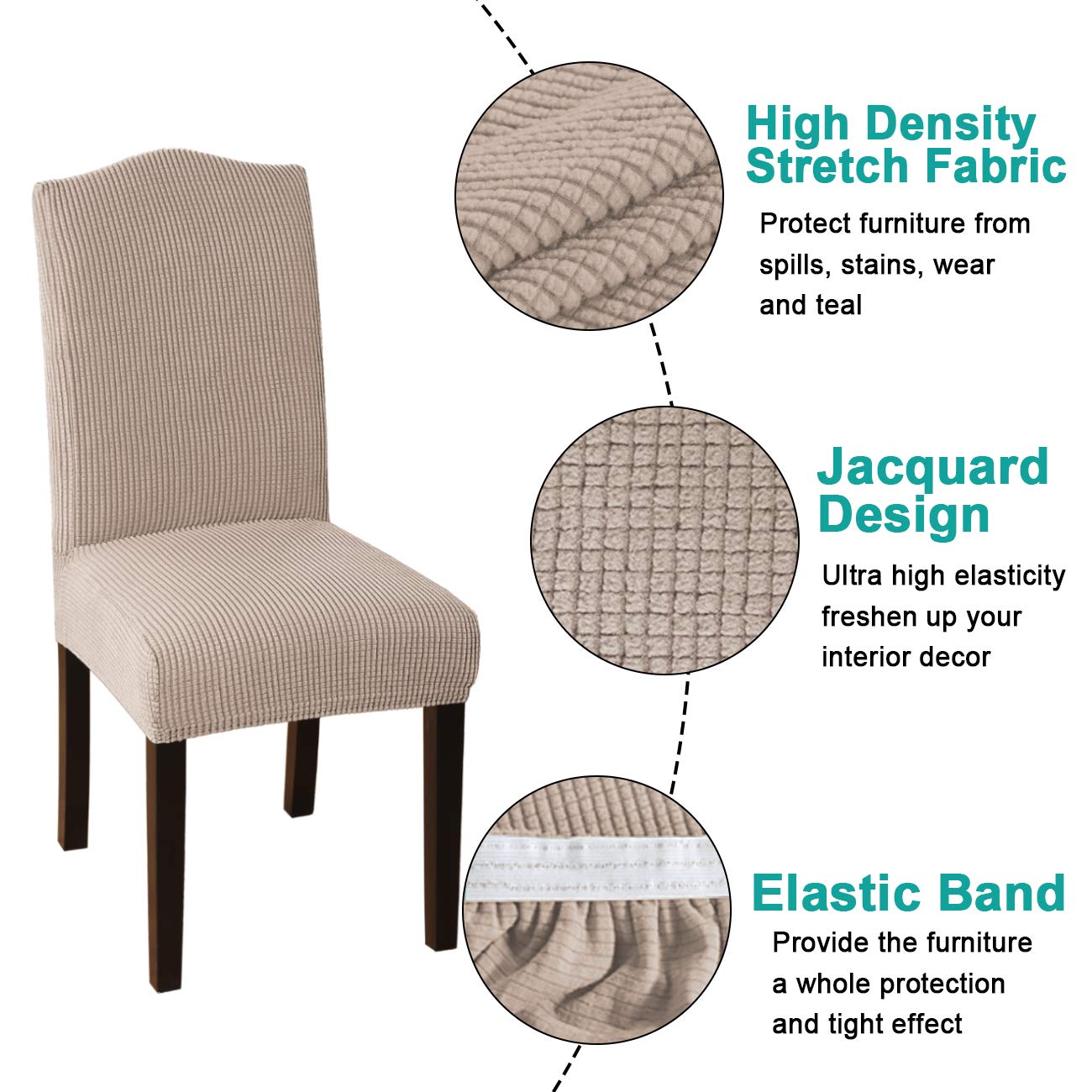 4-Pack Turquoise Stretch Jacquard Dining Chair Covers - Washable & Removable Slipcovers for Parson Chairs, Seat Protectors for Kitchen, Banquet, Dining Room (Khaki) | Perfect for Home Decor, Parties & Restaurant Use