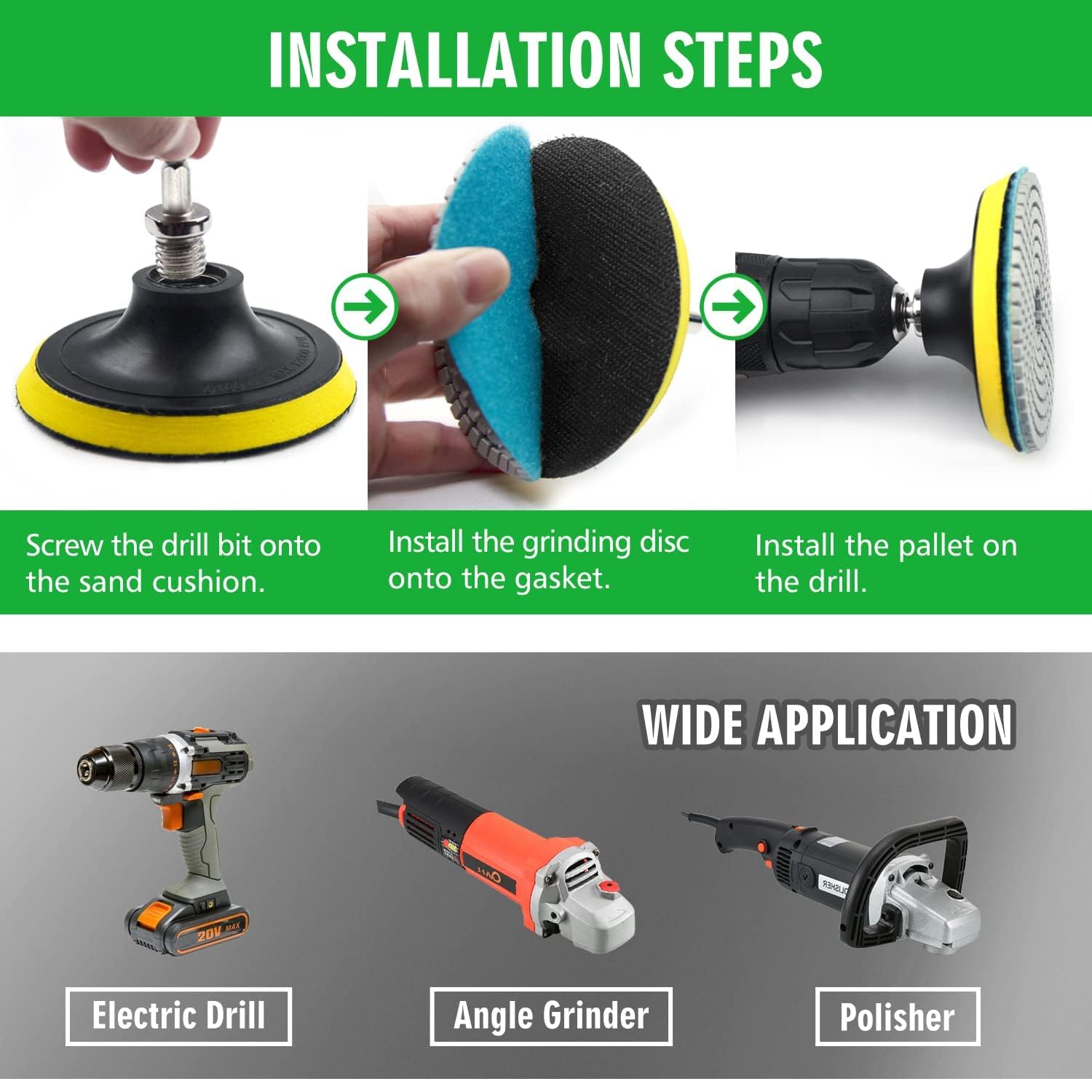 5 Inch Diamond Polishing Pads Set - 10pcs Wet/Dry Concrete Polish Tools with 5/8’’-11 Hook & Loop Backing Pads for Drill, Grinder & Polisher (50-3000 Grit) - Perfect for Marble, Granite, Quartz Stone Countertops & Floor Polishing