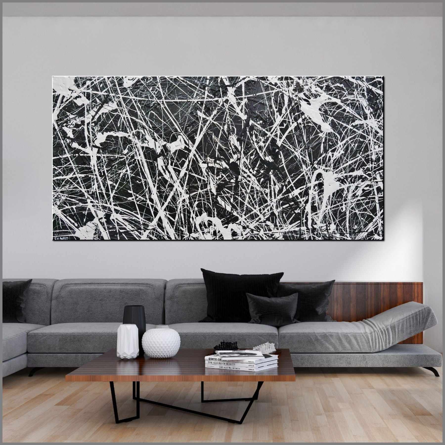 Brain Scatter 240cm x 120cm Black White Textured Abstract Canvas Art - Modern Wall Decor for Living Room, Bedroom & Office