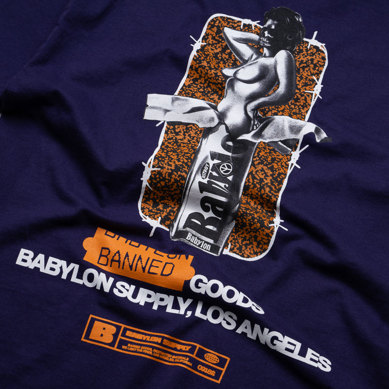 Babylon Banned Goods T-Shirt - Purple Cotton Graphic Tee for Streetwear & Urban Fashion | Perfect for Concerts, Festivals and Casual Outfits