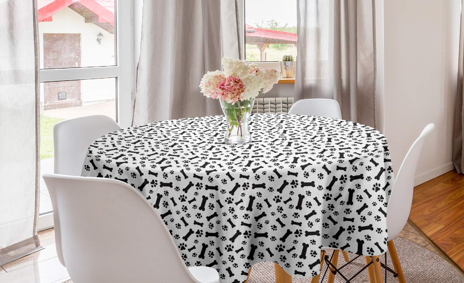 Lunarable 60 Inch Round Dog Bone Tablecloth - Black and White Monochrome Dog Paw & Bones Pattern, Waterproof Washable Dining Table Cover for Kitchen, Party, Picnic, Outdoor Decor