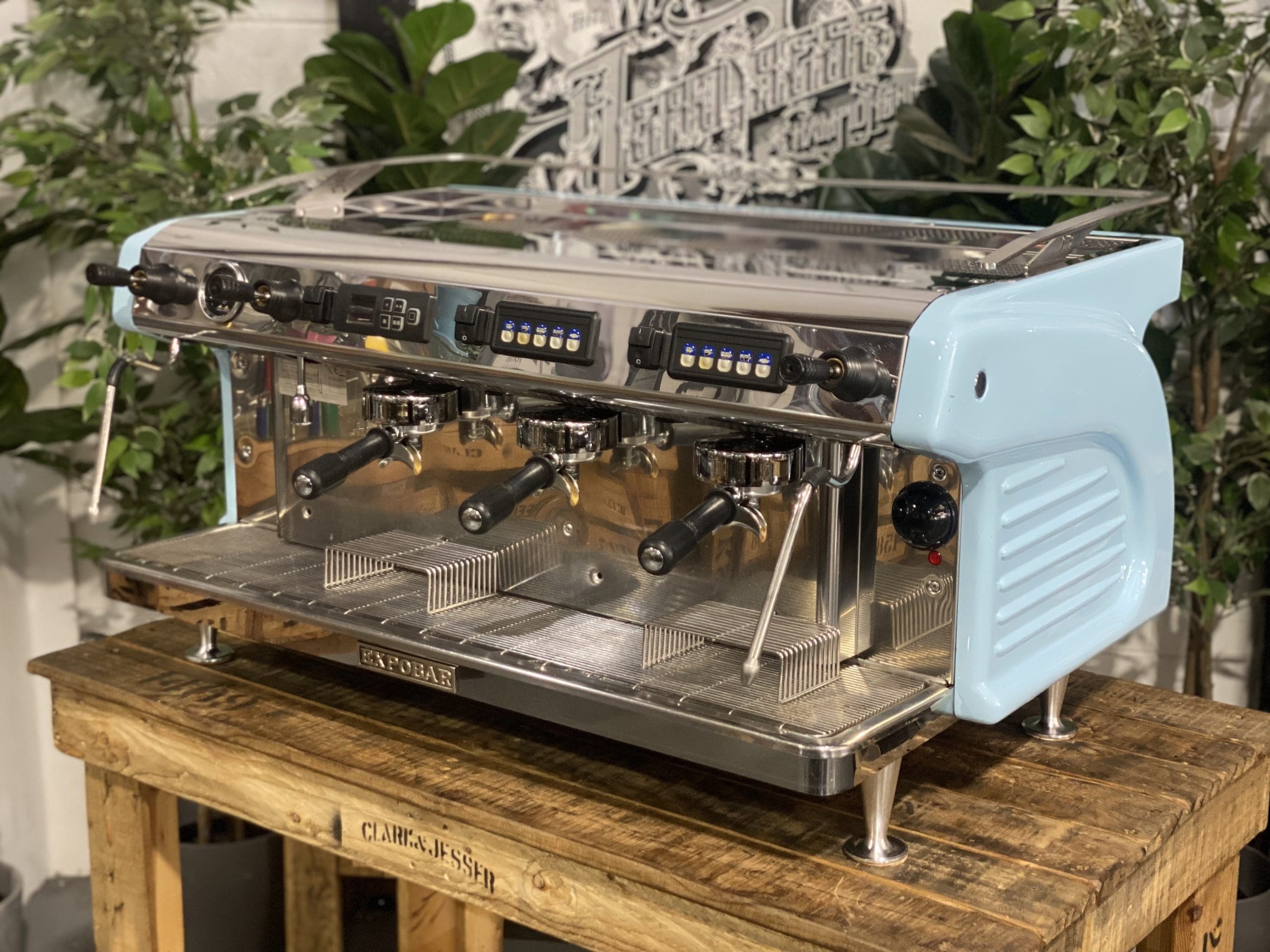 Expobar Ruggero High Cup 3 Group Commercial Espresso Machine in Baby Blue - Perfect for Coffee Shops, Restaurants, and Cafes