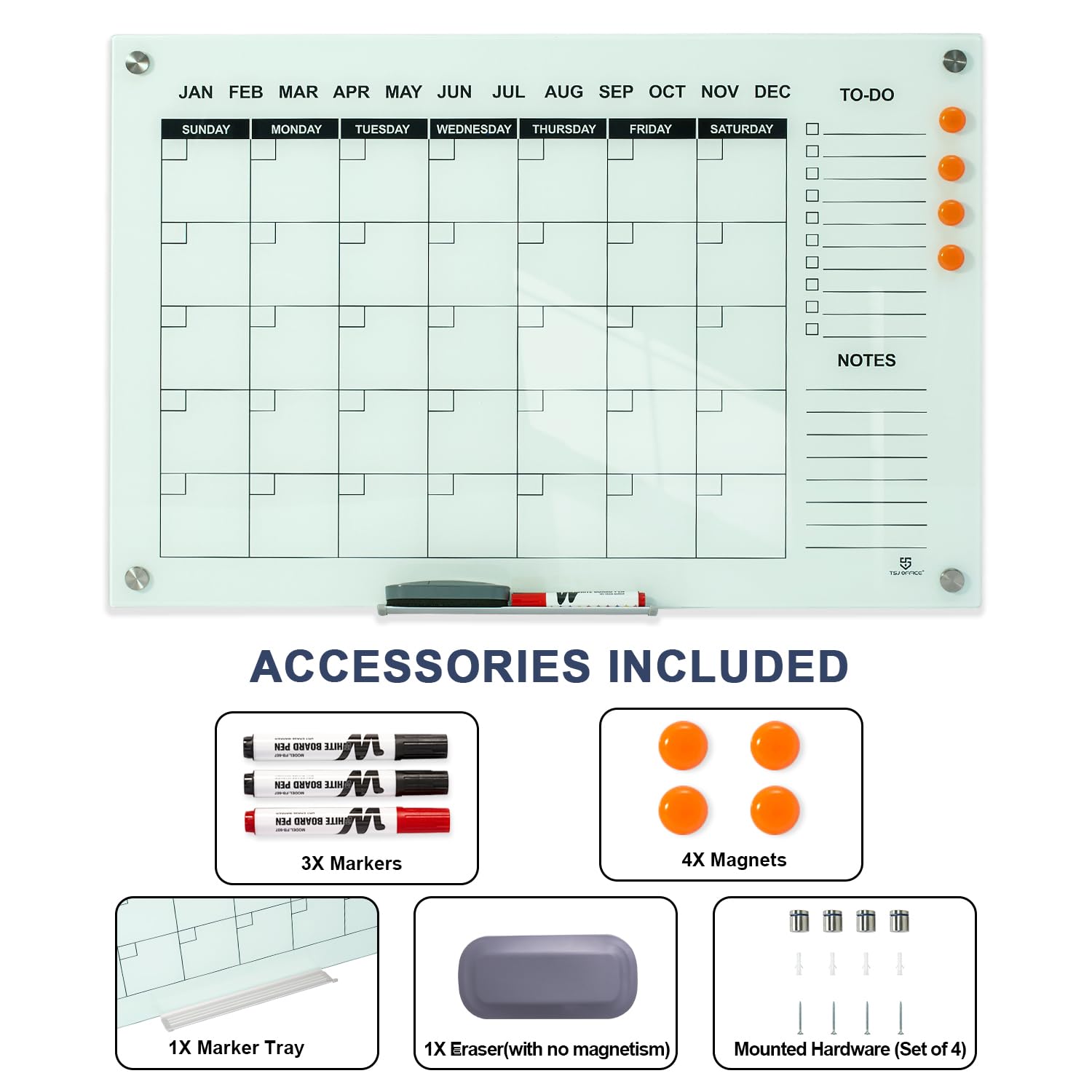 TSJ OFFICE 36 x 24 Inches Magnetic Glass Whiteboard - Monthly Dry Erase Calendar for Wall, Large Glass White Board for Office, Home & School - Perfect for Scheduling, Planning & Organizing Tasks