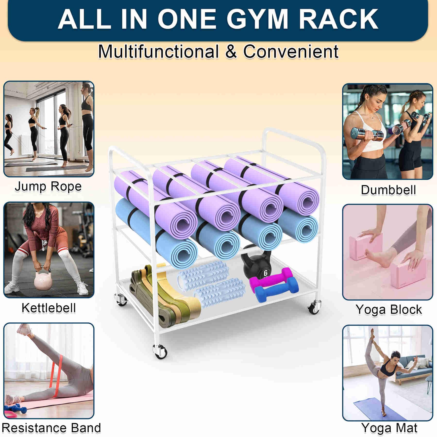 Premium Yoga Mat Storage Cart with Wheels - Heavy Duty Home Gym Organizer Rack for Yoga Blocks, Foam Rollers, Resistance Bands, Dumbbells & Kettlebells - Space Saving Equipment for Yoga Studios & Home Workouts (White)
