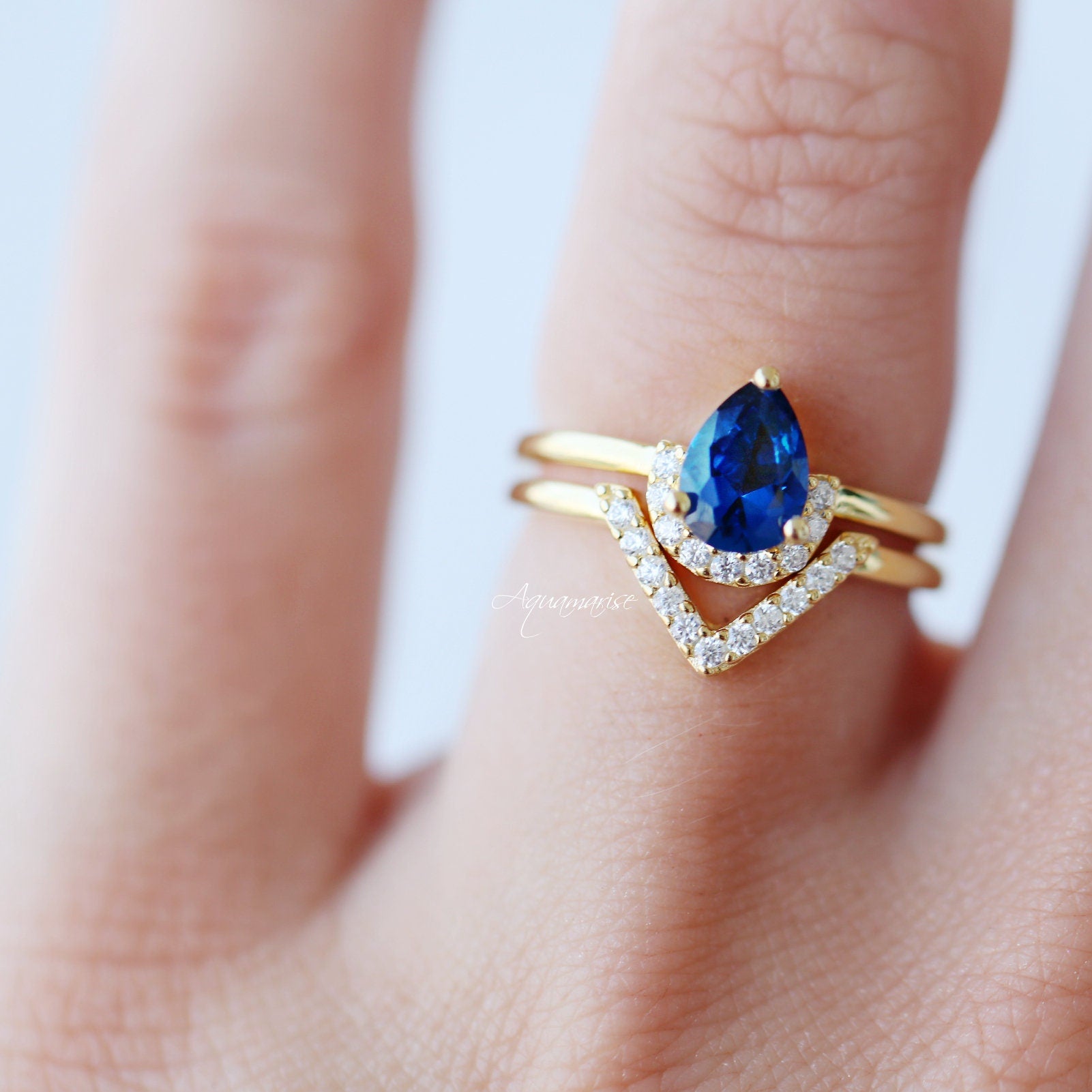 14K Yellow Gold Vermeil Aria Sapphire Ring Set - Elegant Jewelry for Women, Perfect for Engagement, Wedding, Anniversary & Special Occasions