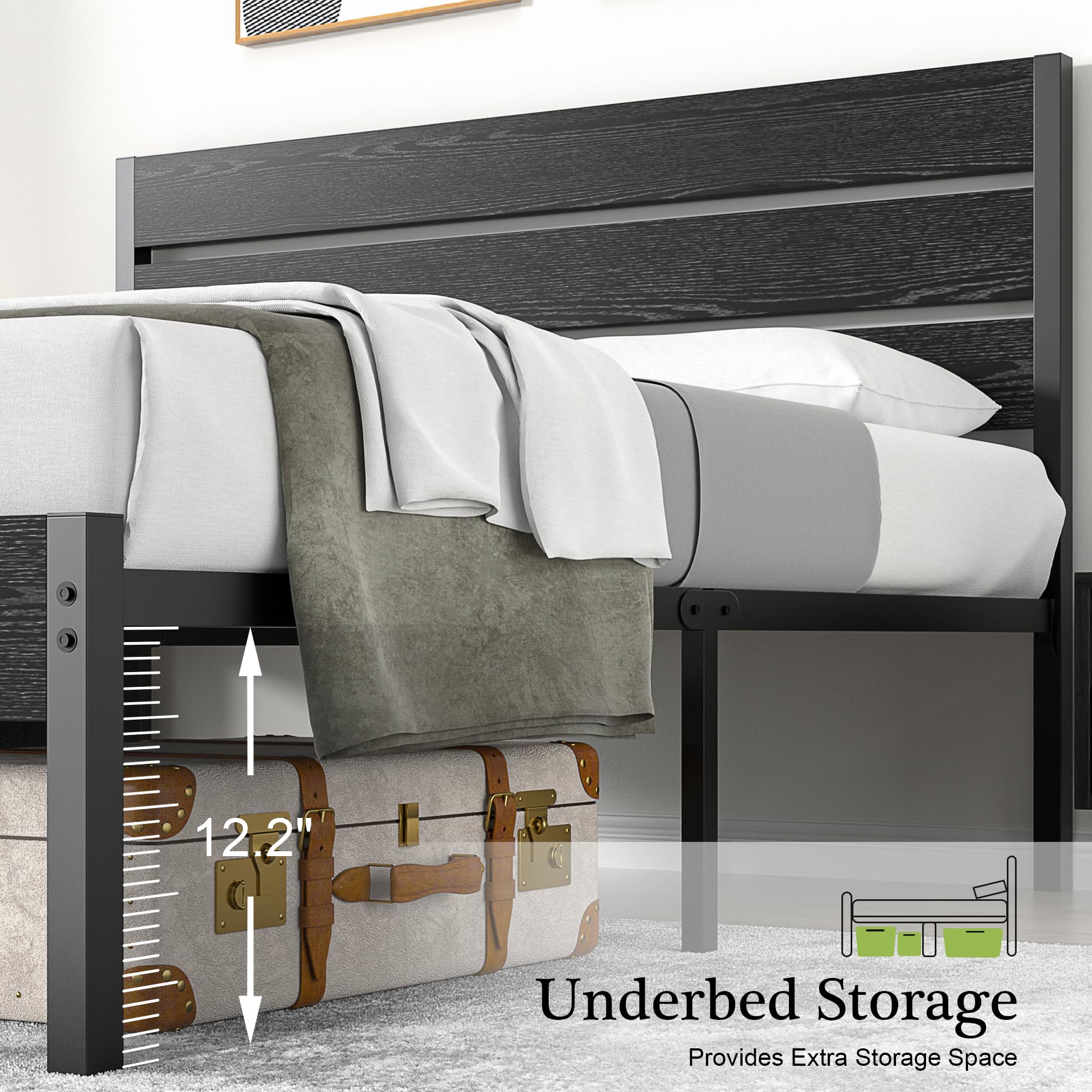 VECELO Queen Size Bed Frame with Wooden Headboard & Footboard - Heavy Duty Metal Platform Frame with Slat Support System, 12 Inch Under Bed Storage Space, No Box Spring Required in Rustic Black Finish | Perfect for Master Bedrooms, Guest Rooms & Small Apartments