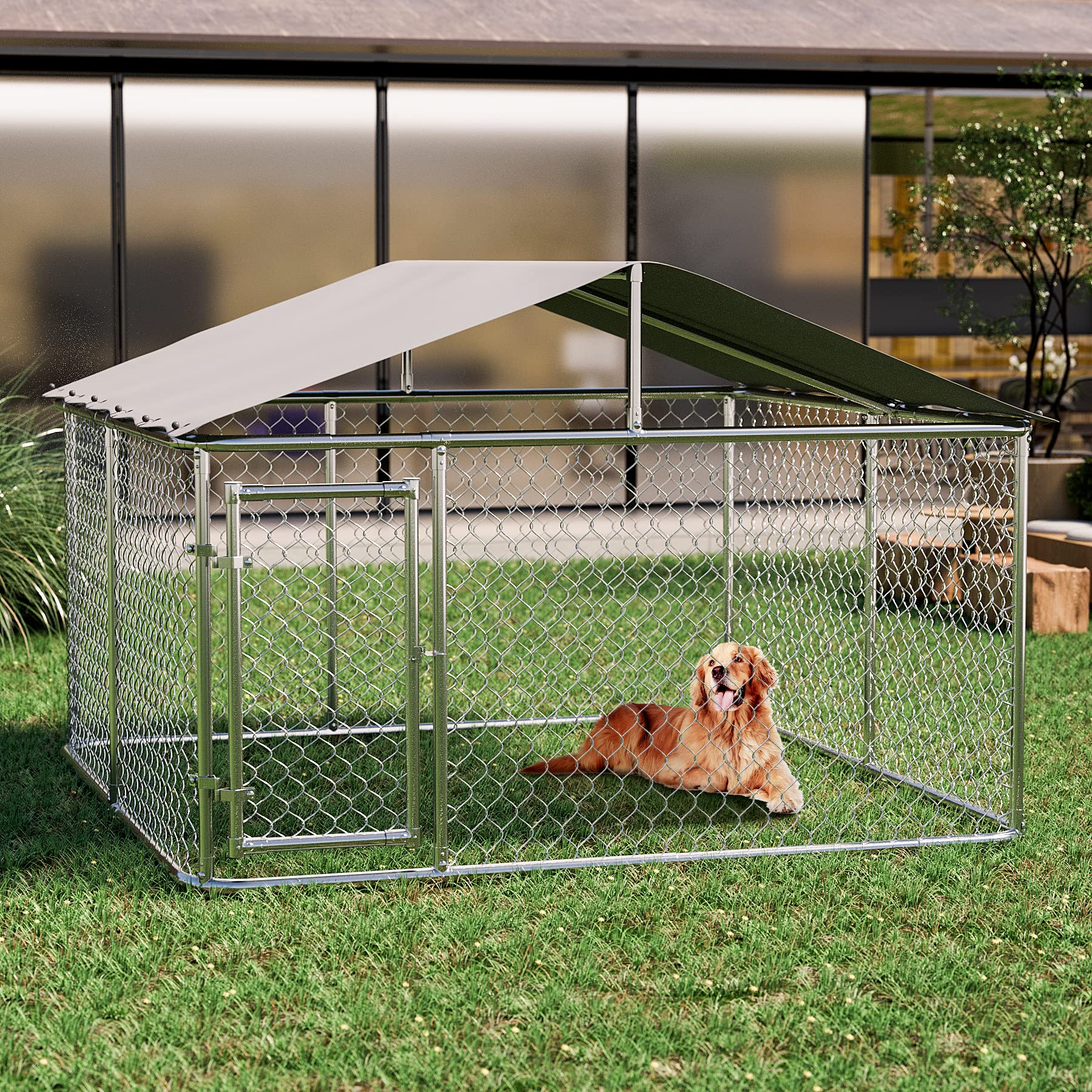 OUYESSIR 10x10x6 FT Heavy Duty Outdoor Dog Kennel with UV Protection Waterproof Cover & Secure Lock - Large Dog Runs for Backyard, Camping, and Pet Safety