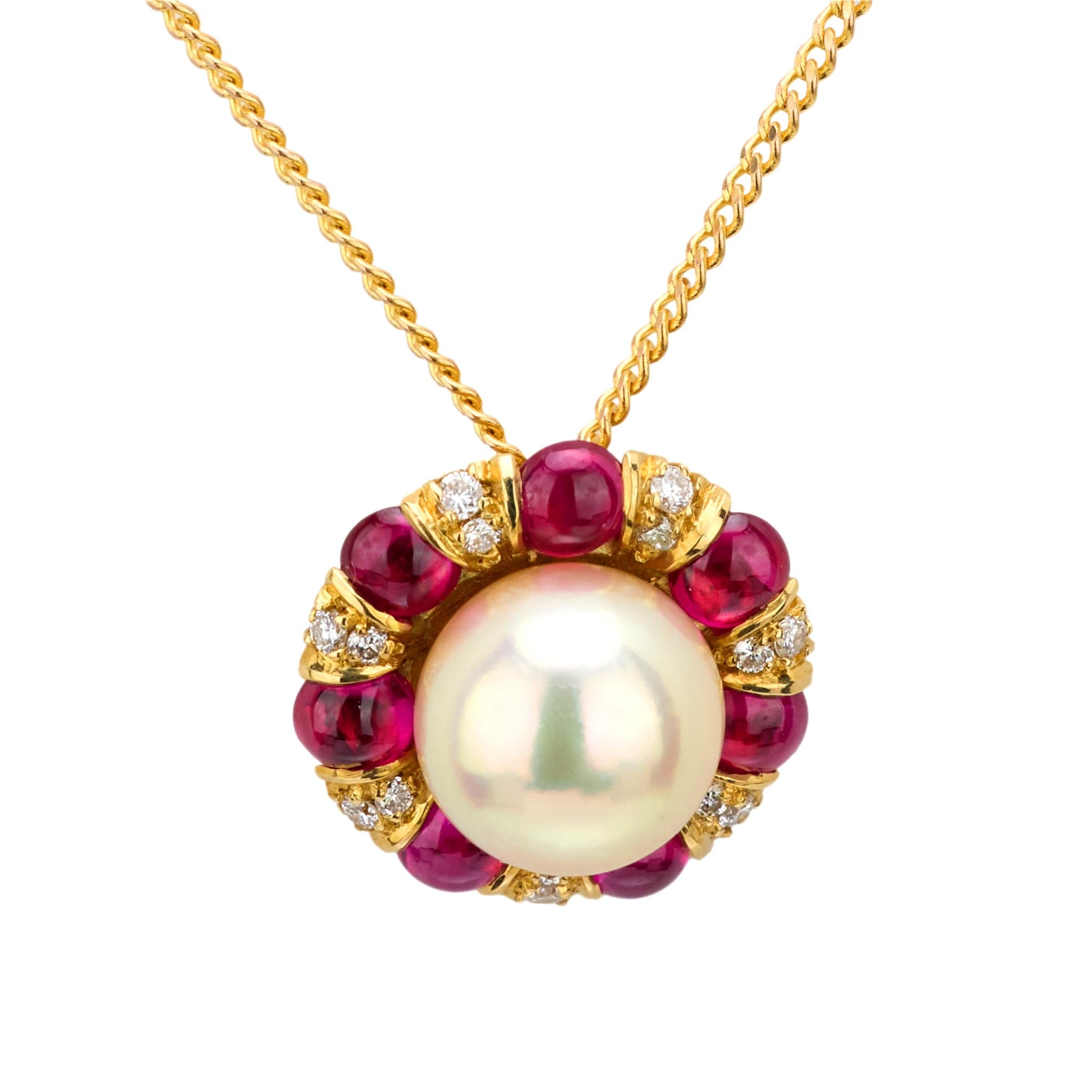 18K Gold Pearl, Ruby & Diamond Pendant Necklace - Elegant Estate Jewelry for Women, Perfect for Weddings, Anniversaries & Special Occasions