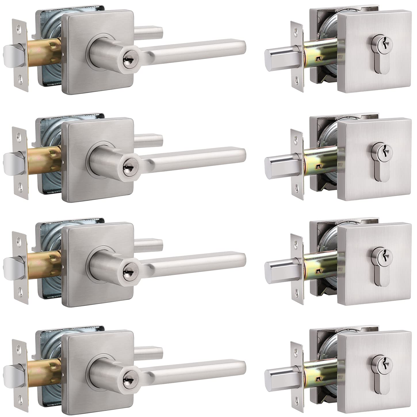 Brotima 4 Pack Satin Nickel Entry Door Lever with Deadbolt - Keyed Alike Exterior Door Lock Set, Single Cylinder Deadbolt, Heavy Duty Door Handle Lever for Front/Back Door (Right/Left Handed) - Perfect for Home Security, Apartments, and Office Buildings