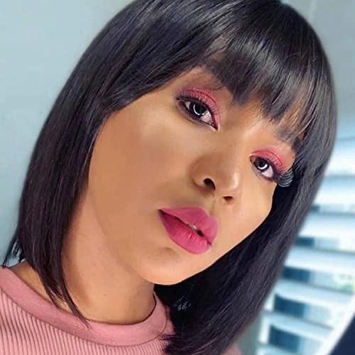 13x4 HD Transparent Lace Front Short Bob Human Hair Wig with Bangs - Straight Black 150% Density Pre-Plucked Natural Hairline for Black Women | Perfect for Daily Wear, Cosplay & Hair Replacement (8 Inch)
