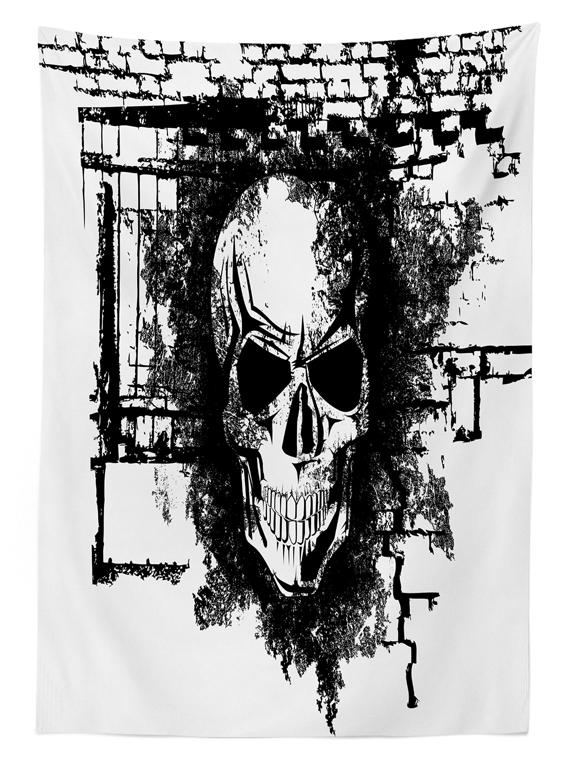 Lunarable Grunge Skull Print Outdoor Tablecloth - Black and White Tattoo Style Brick Wall Art Design, Washable Picnic Table Cover 58