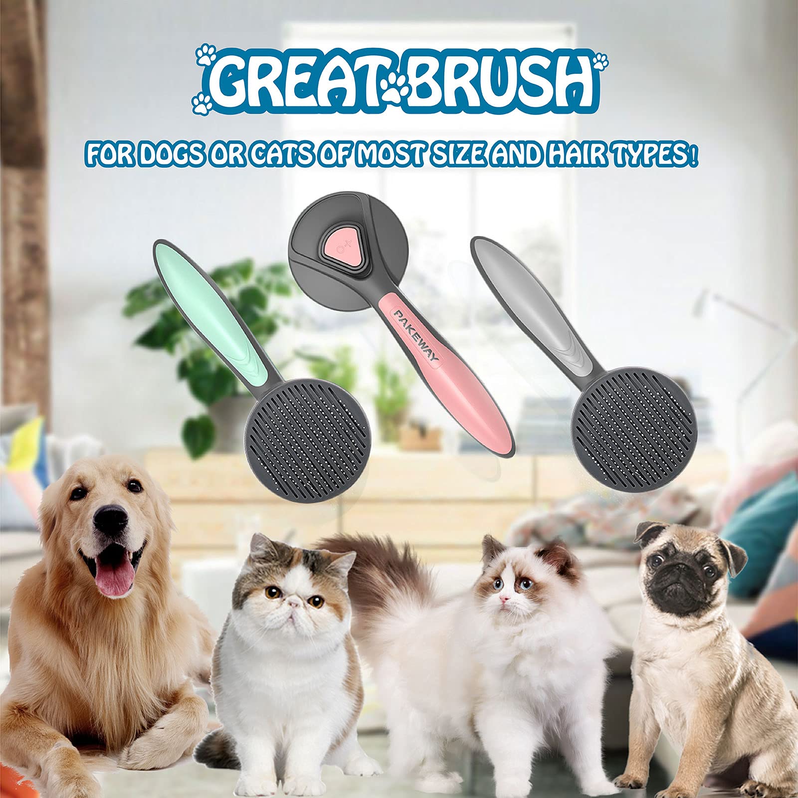 Self Cleaning Pet Brush for Cats & Dogs - Grooming Slicker Brush with Round Beads to Remove Loose Hair & Massage - Perfect for Long/Short Haired Pets (Pink) - Use for Daily Grooming, Shedding Control & Bonding Time (GZ001)