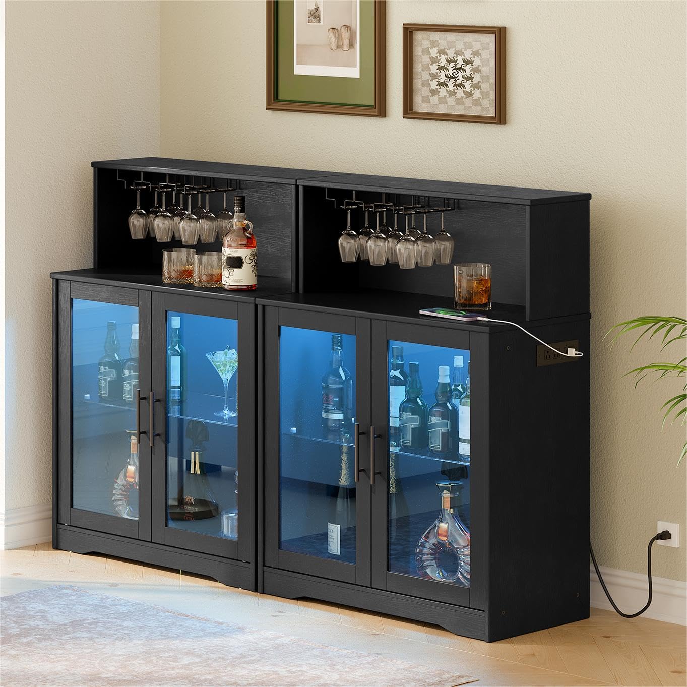 HOOBRO Freestanding Wine Bar Cabinet with LED Lights & Power Outlets - Modern Kitchen Bar Storage for Wine Glasses, Liquor Bottles & Coffee Essentials - Perfect for Living Room, Dining Room & Home Entertainment Areas (Black, Model BK78UDJG01)