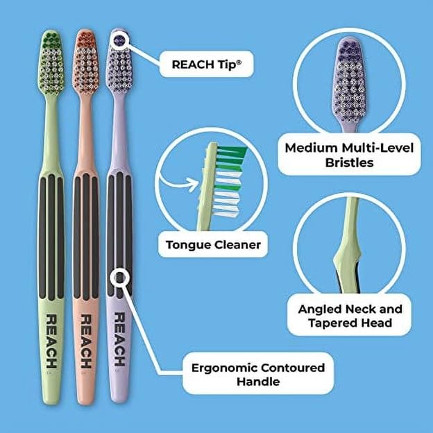 REACH Advanced Design Toothbrushes - Medium Bristles, 2-Pack for Adults - Gentle & Effective Cleaning for Sensitive Teeth & Gums - Perfect for Travel, Home & Office Use