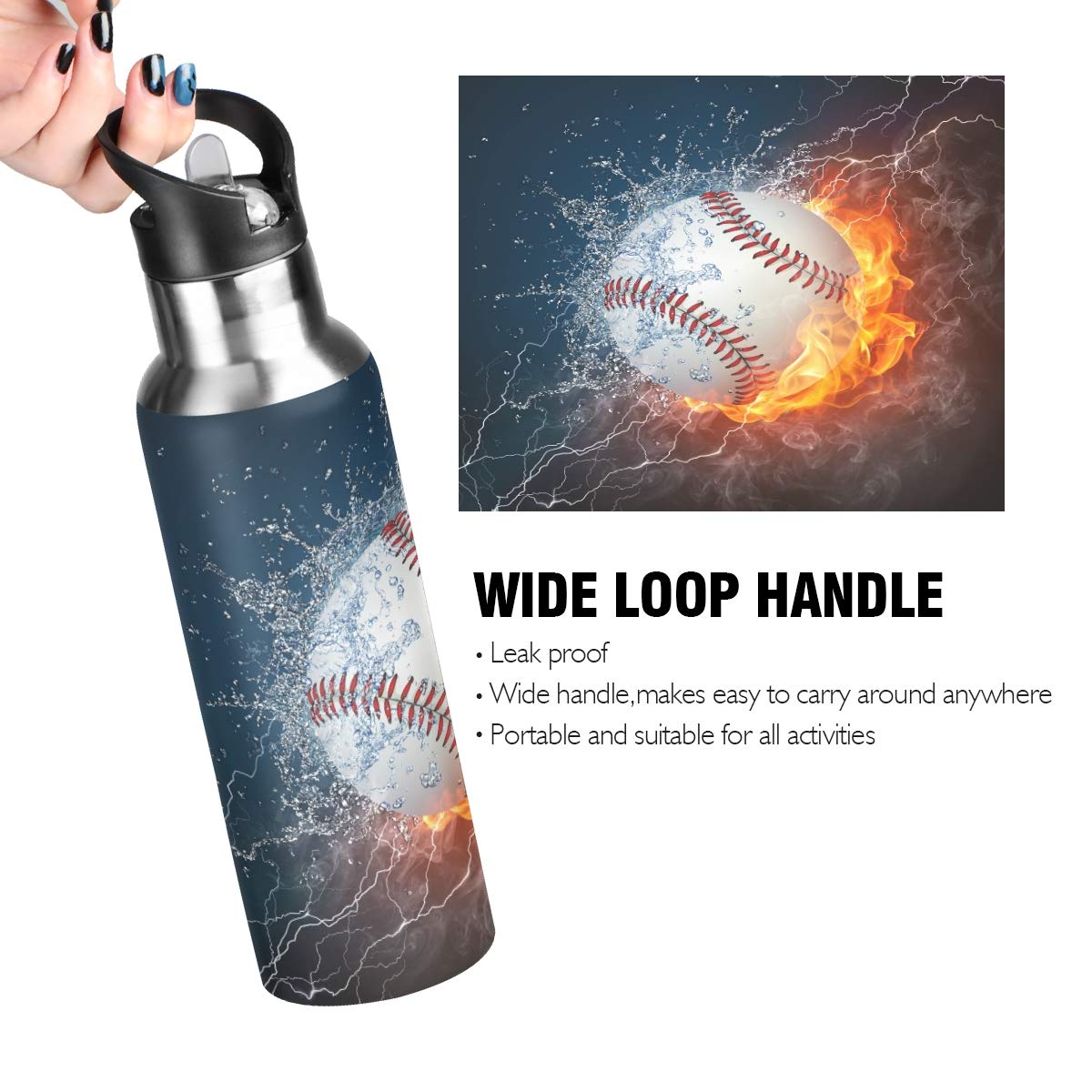 Vacuum Insulated Stainless Steel Water Bottle - 24oz Leakproof Thermos for Hot & Cold Drinks - Perfect for Baseball, Fitness, Camping, Hiking & Outdoor Sports - BPA Free Double Wall Insulation