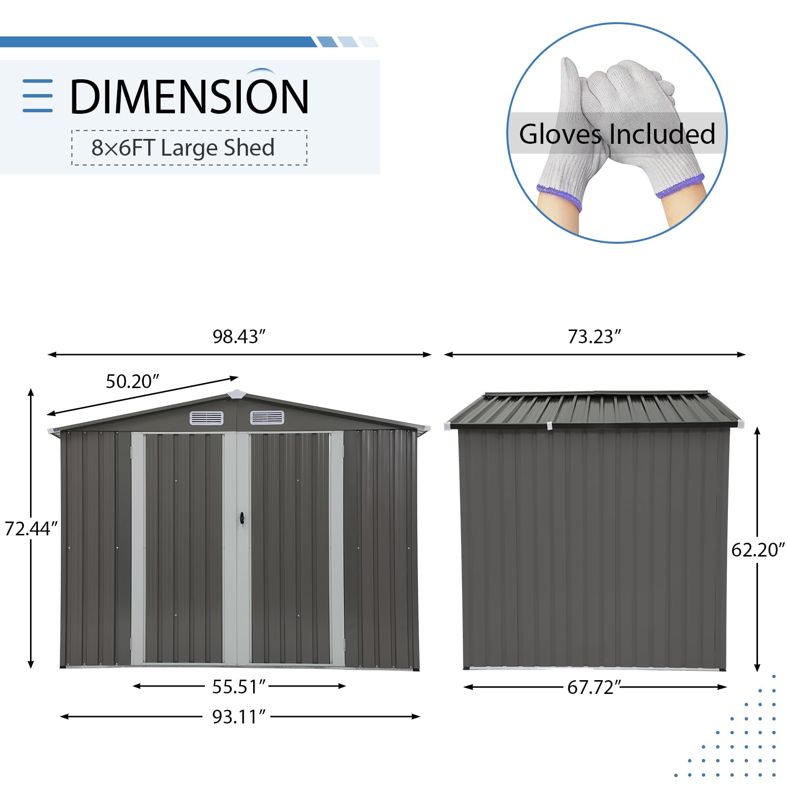 Verano Garden 8x6 FT Galvanized Steel Outdoor Storage Shed with Double Lockable Doors - Durable Metal Tool Shed for Backyard, Patio, Lawn & Garden Organization | Perfect for Storing Lawn Mowers, Gardening Tools & Outdoor Equipment