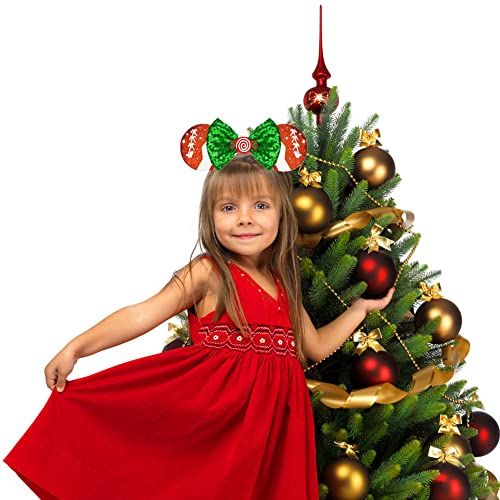 Foeran Christmas Mouse Ears Headband with Shiny Bow - Glitter Party Princess Hair Accessory for Women & Girls - Perfect for Cosplay, Holiday Parties & Disney Costumes