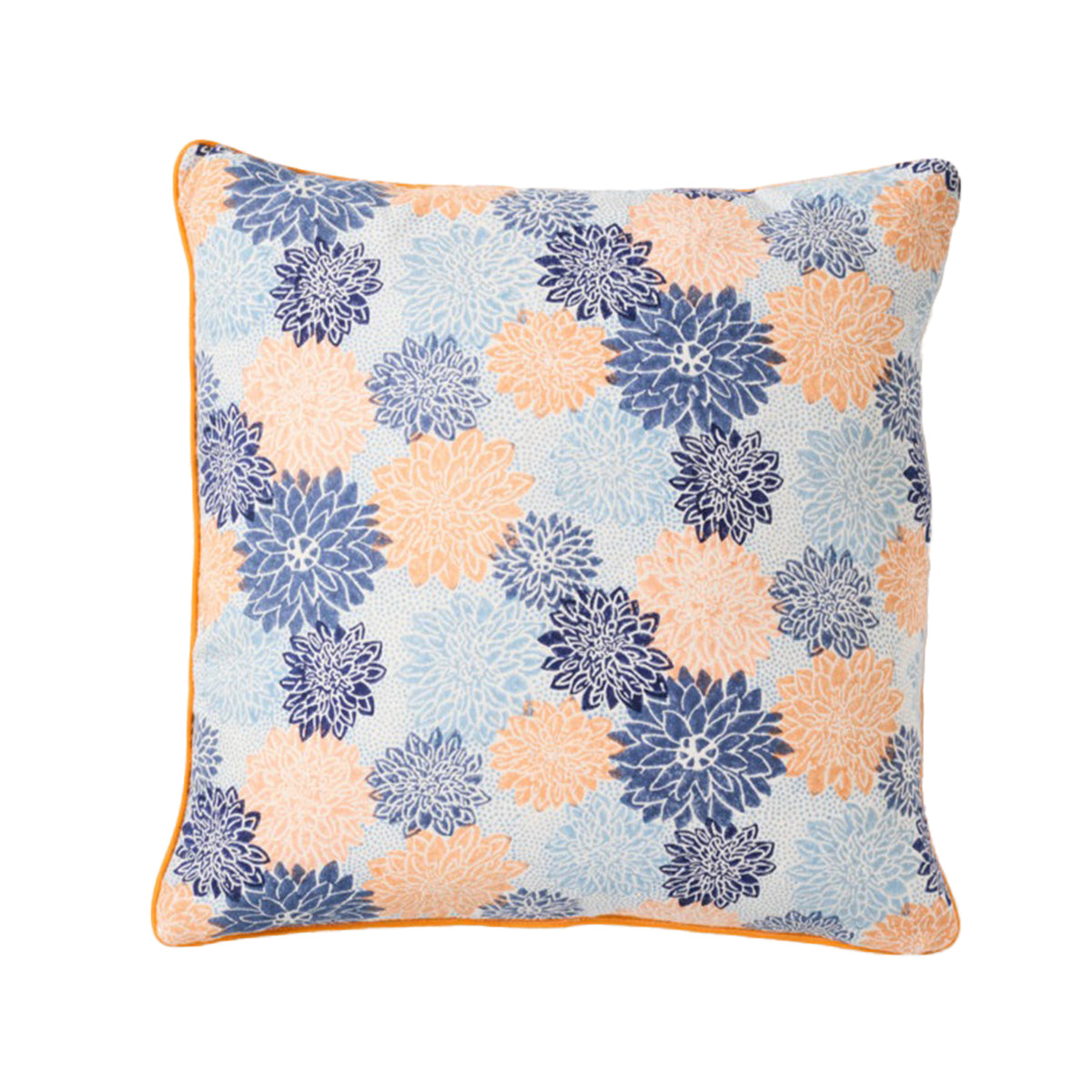 Piped Dahlia Cushion in Indigo & Peach - Soft Throw Pillow for Sofa, Bed, and Home Decor