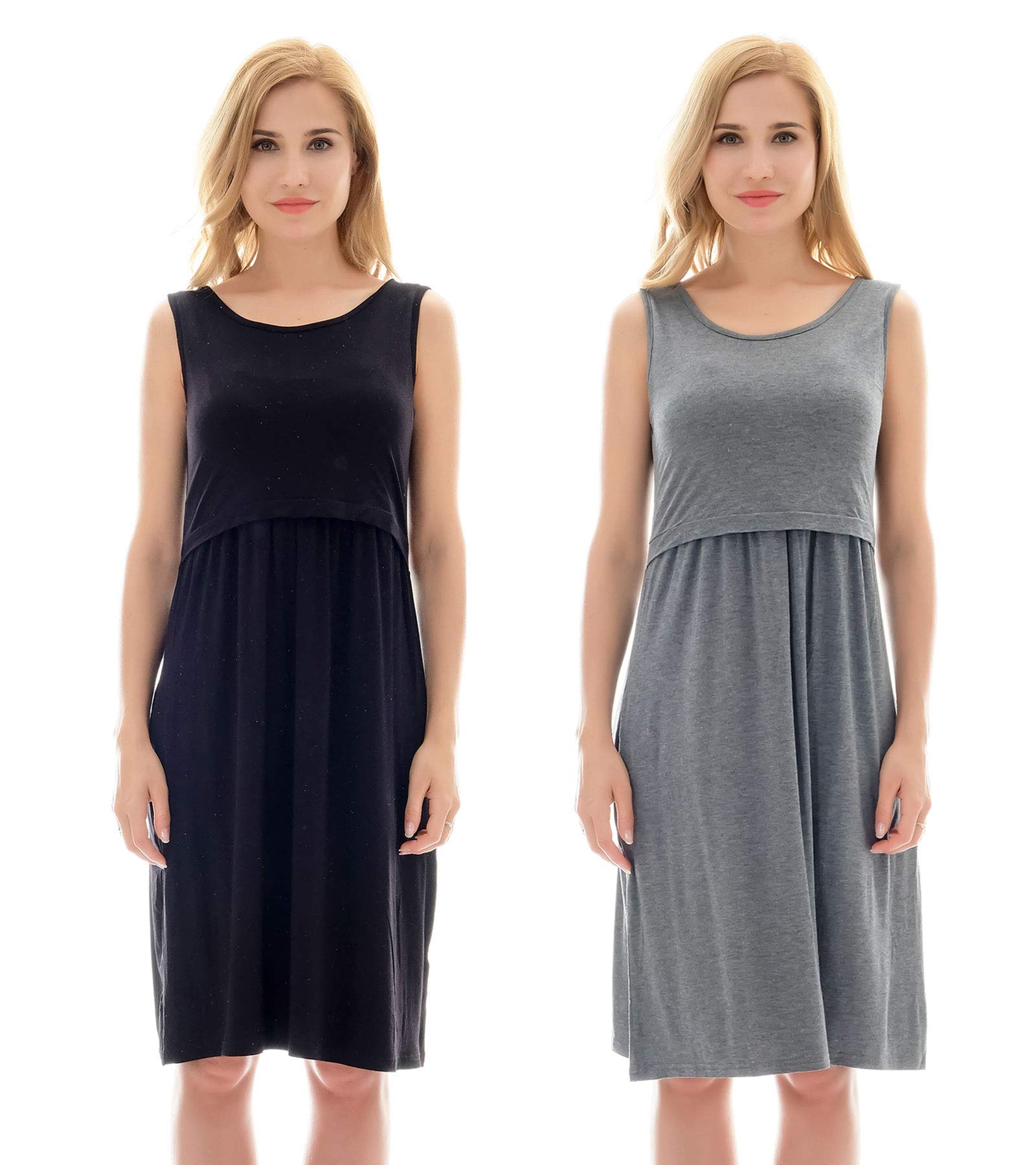 Bearsland Women's Sleeveless Maternity Dress - Nursing & Breastfeeding Dress with Pockets | Comfortable Summer Pregnancy Clothes for Casual Wear & Nursing