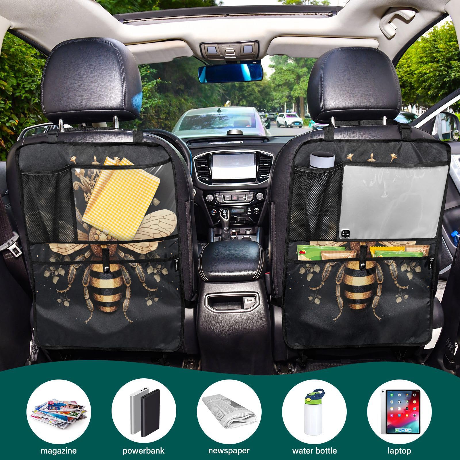 **Sinestour 2-Pack Waterproof Car Back Seat Protector - Golden Bee Crown Design, Kick Mats for Kids with Storage Pockets, Scratch & Dirt Protection - Ideal for Family Road Trips & Pet-Friendly Vehicles**