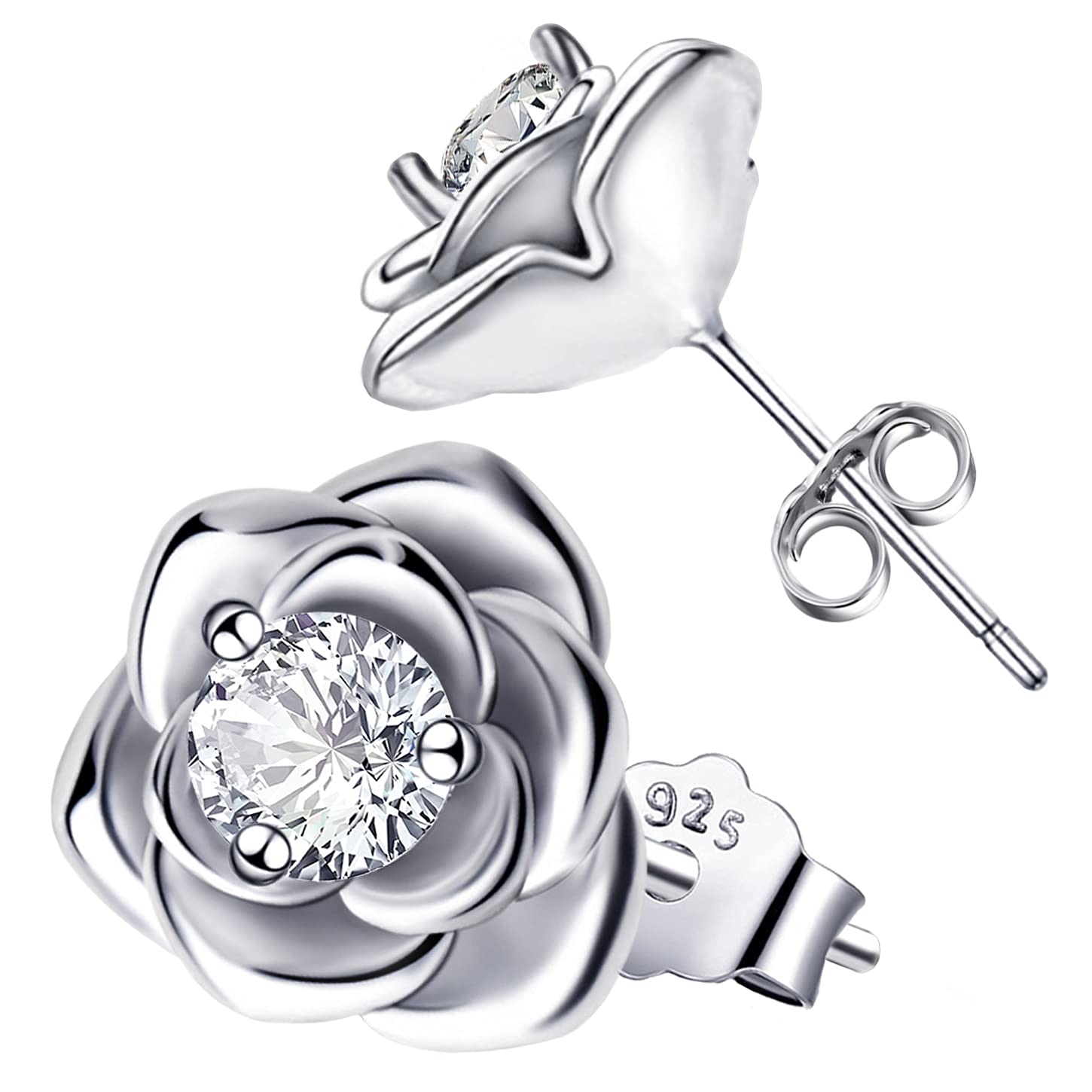 Sterling Silver Rose Flower Earrings for Women - Hypoallergenic Cubic Zirconia Stud Earrings, Dainty Rose Post Earrings | Perfect Mother's Day Gift for Mom, Wife, Sister | Wedding, Anniversary, Birthday, Valentine's Day Jewelry Present