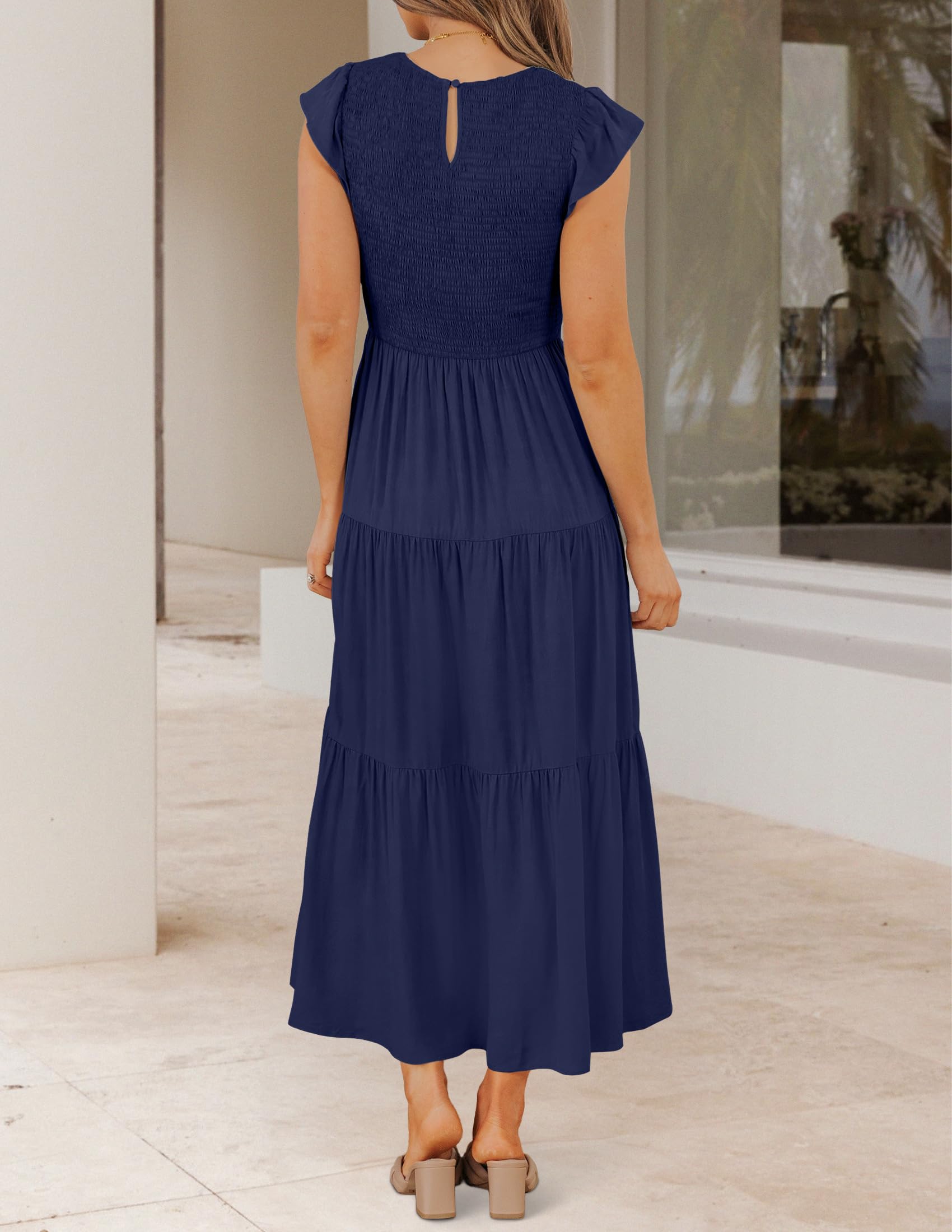 ZESICA Women's 2025 Summer Flutter Sleeve Smocked Waist Tiered Midi Dress - Casual Crew Neck Elastic Dress for Beach, Vacation & Outdoor Parties