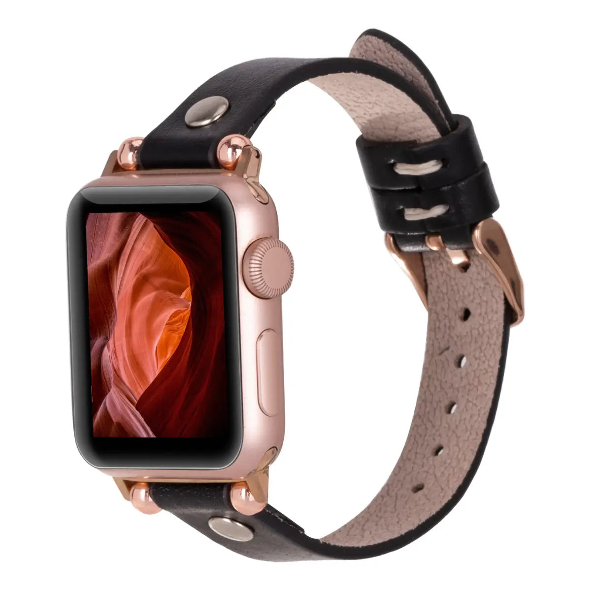 Slim Black Leather Apple Watch Band with Silver Rivet - Stylish & Durable Replacement Strap for Workout, Office & Everyday Wear