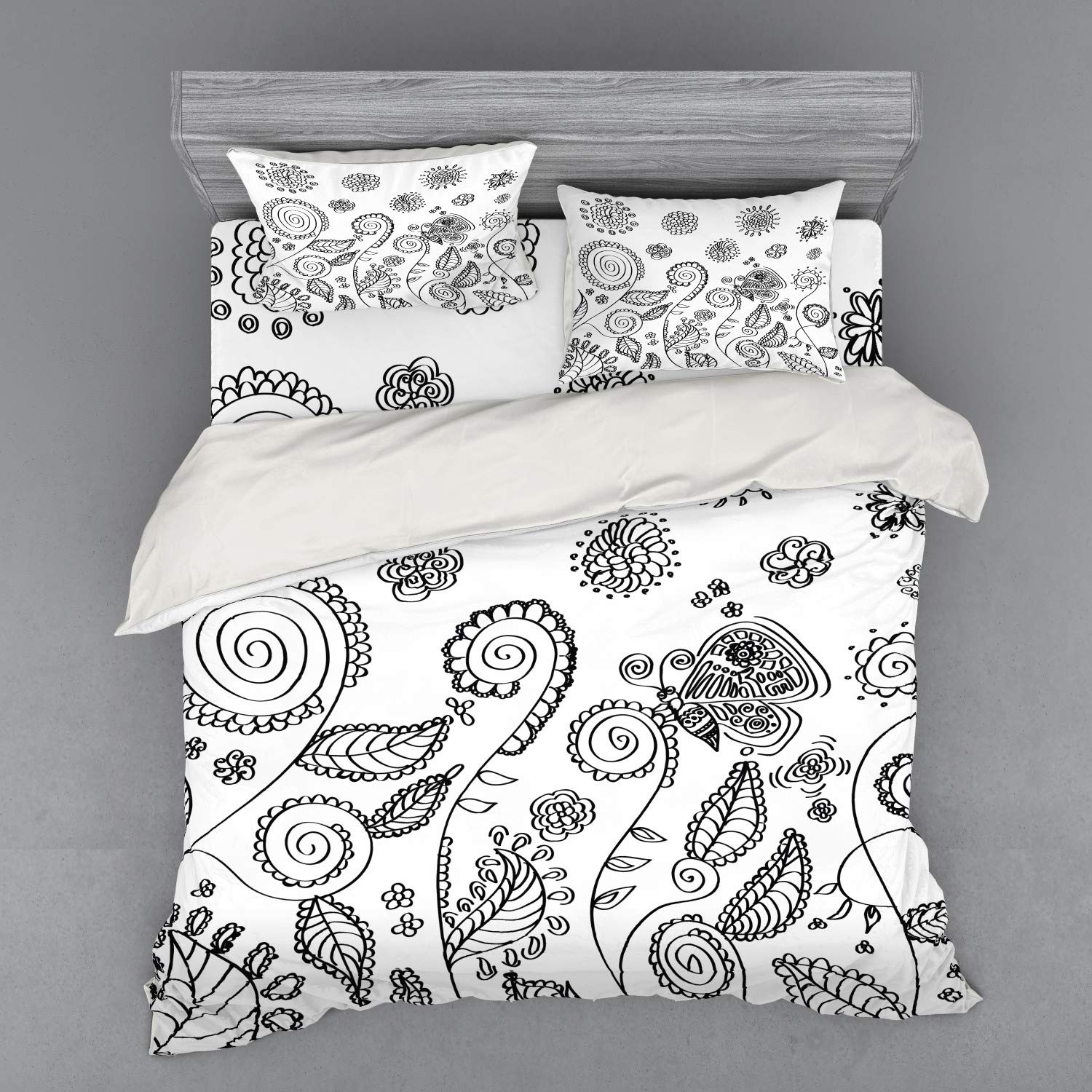 Ambesonne Floral Bedding Set 4-Piece Duvet Cover - King Size Black & White Doodle Style Circular Swirled Flower Petals with Butterflies & Leaves Design - Includes Shams & Fitted Sheet for Cozy Bedroom Decor