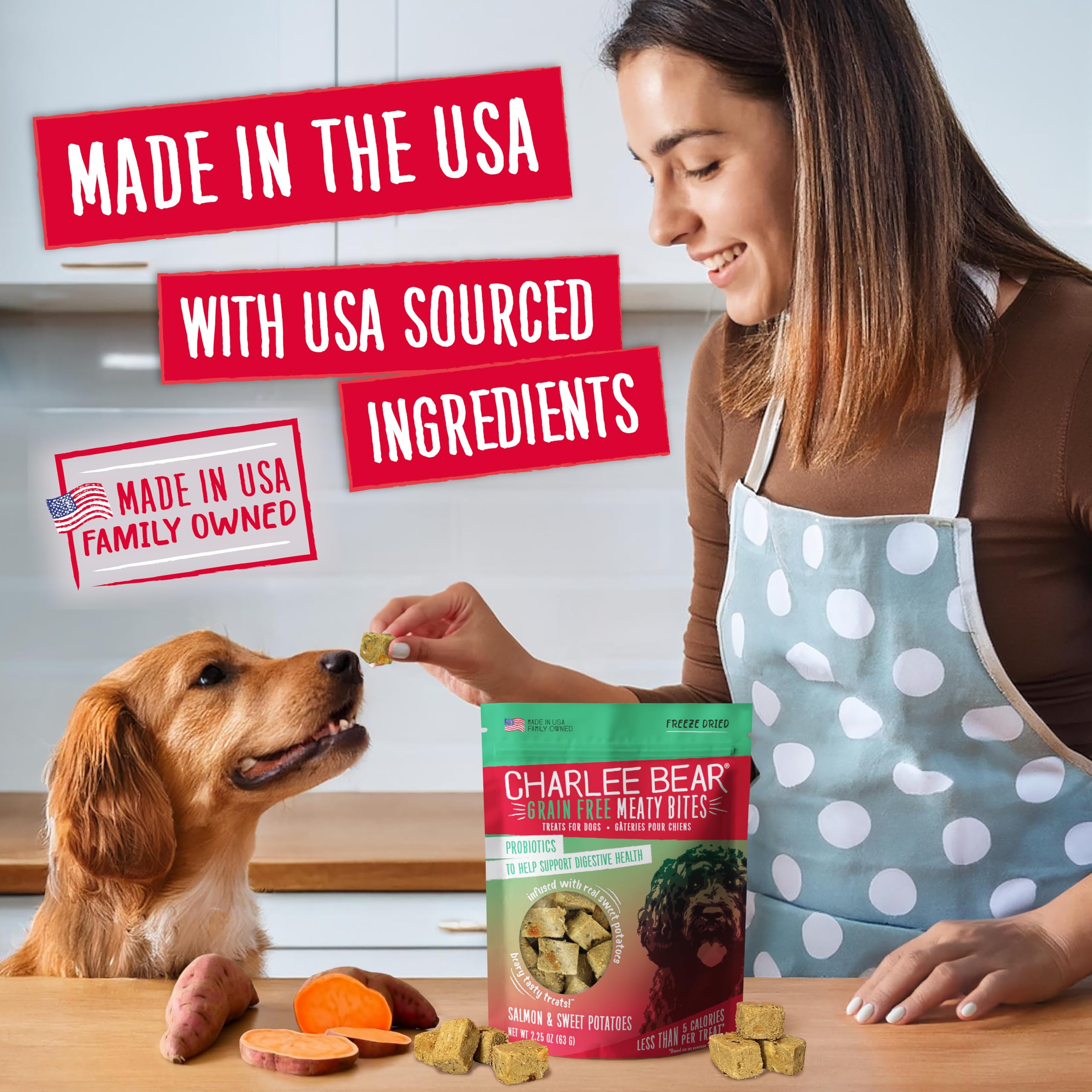 Charlee Bear Meaty Bites Dog Treats - Natural Salmon & Sweet Potato Flavor, 2.5oz Bag - Healthy Training Snacks for Small & Large Dogs - Perfect for Rewards, Travel & Outdoor Adventures