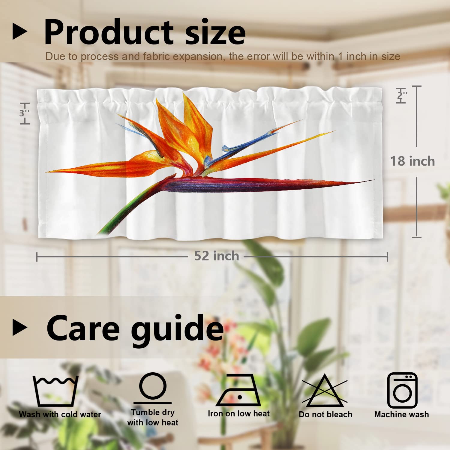 Flower Tropical Kitchen Valances Window Curtain - Bird of Paradise Orange Tropical Blackout Drapes for Decorative Home Decor, Perfect for Kitchen, Bedroom, and Living Room