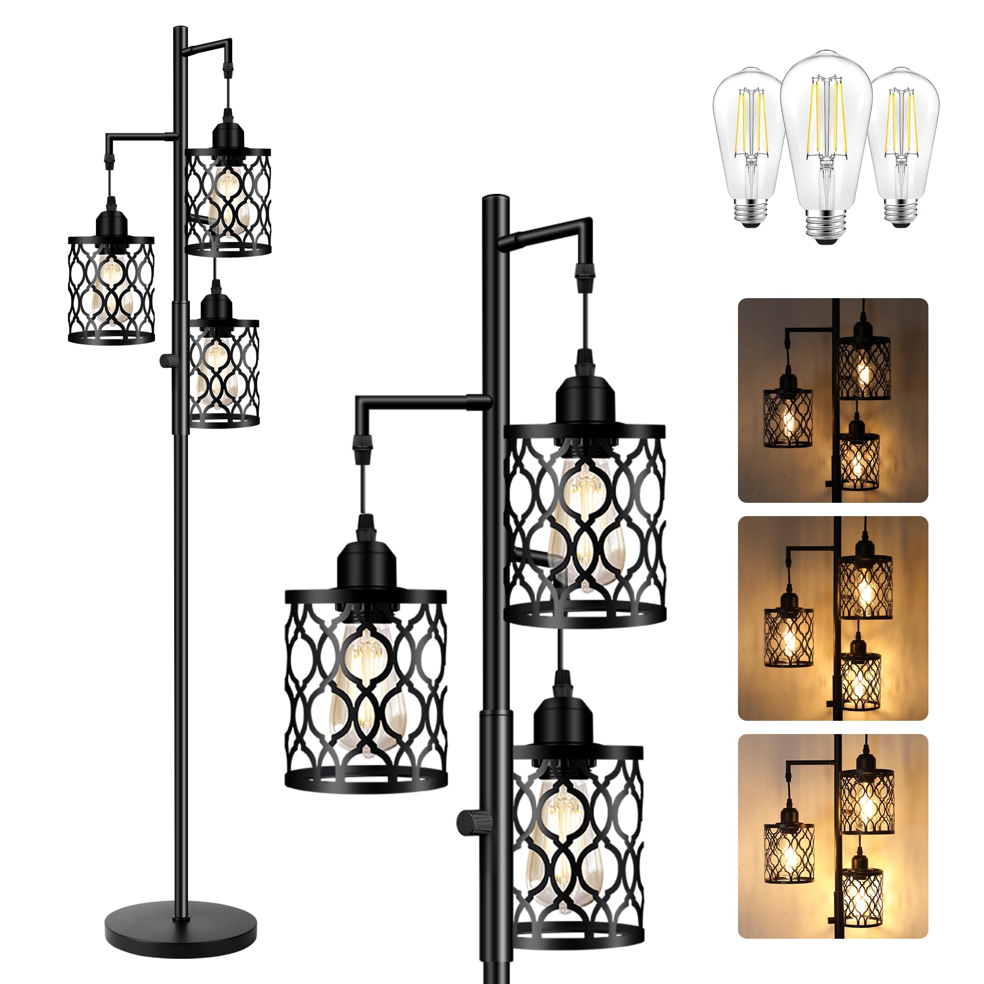 Dimmable Farmhouse Floor Lamp - Industrial Rustic Standing Tall Lamp with 3 x 6W LED Bulbs for Living Room, Bedroom & Office - 68