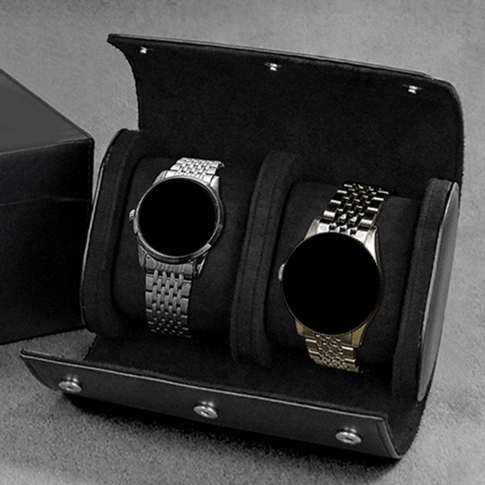 **SunniMix 2-Slot Portable Watch Roll Case - PU Leather Travel Pouch for Men & Women - Jewelry & Wristwatch Storage Organizer - Perfect for Travel, Gifts & Display (Black)**