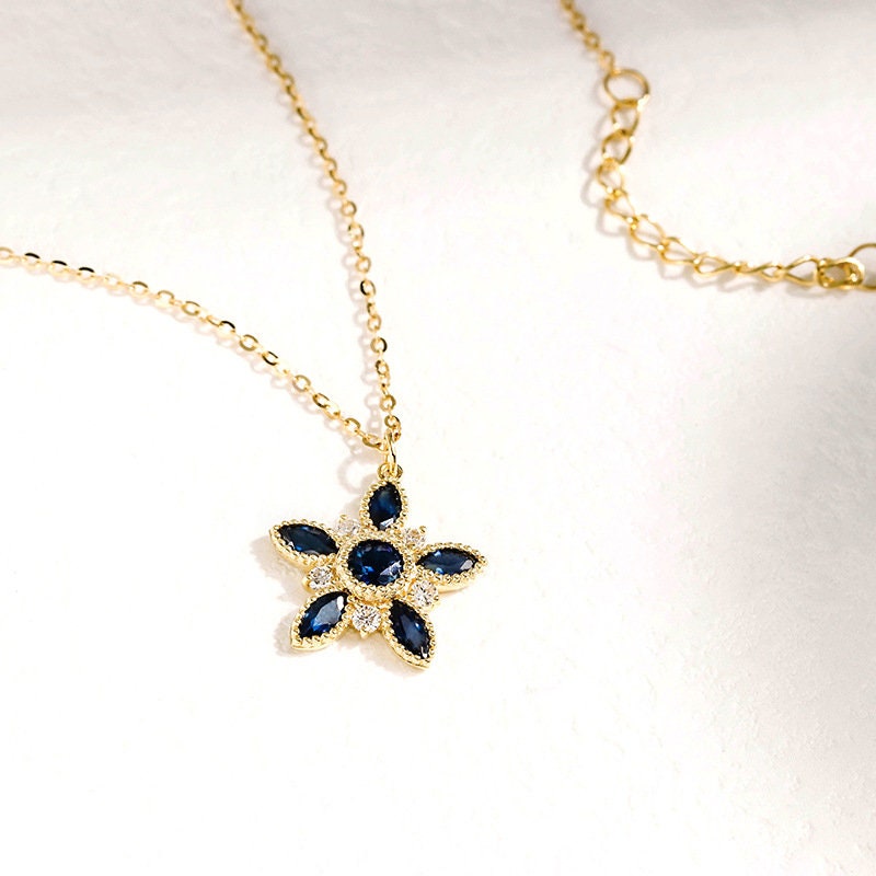 18K Yellow Gold Teal Sapphire Pendant Necklace - Vintage Blue Sapphire & Diamond Floral Pendant for Women - Perfect Engagement Gift, Anniversary & Special Occasion Jewelry