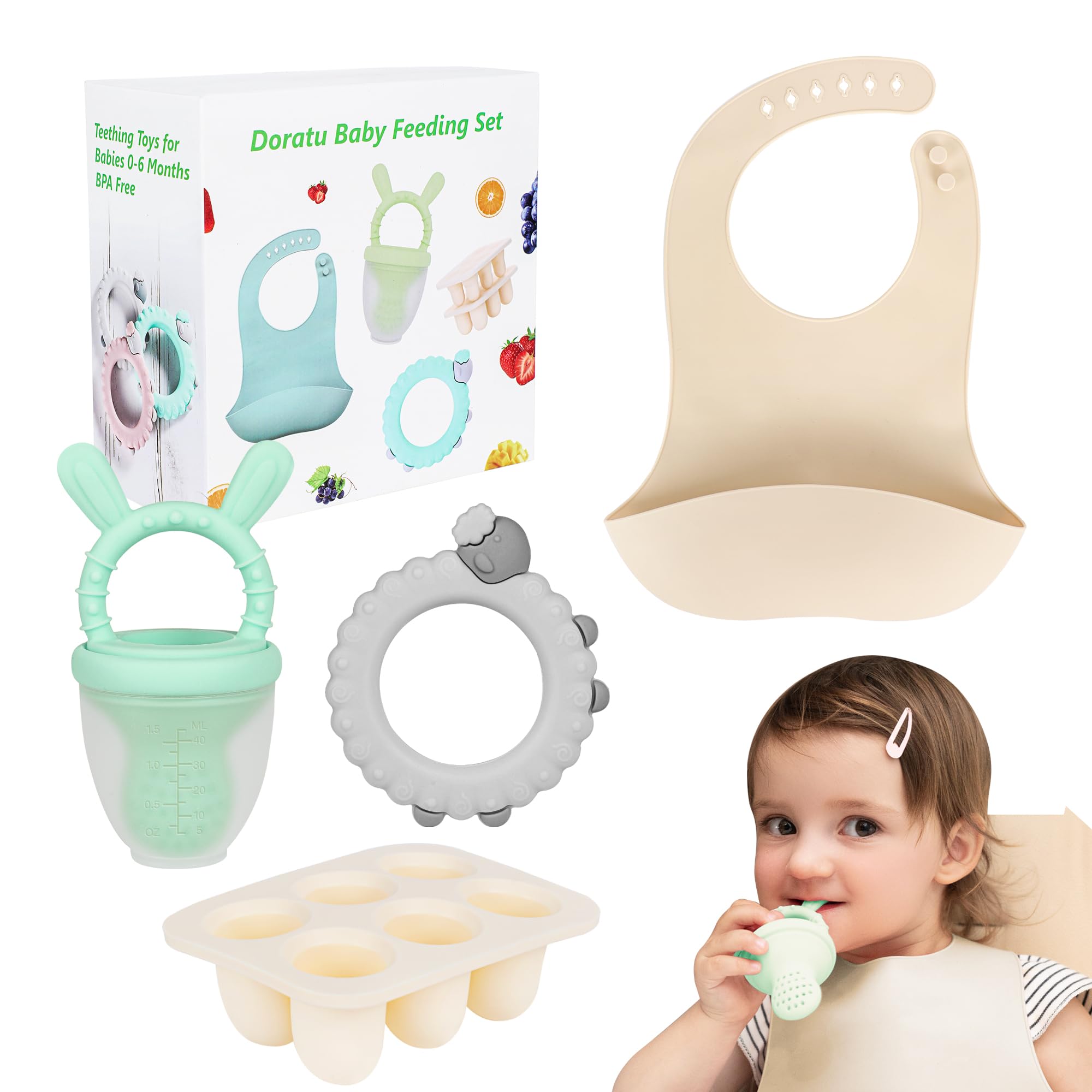 Organic Baby Feeding Set - BPA-Free Silicone Fruit Feeder, Breast Milk Popsicle Molds & Teething Toys with Washable Bibs | Dishwasher Safe for Easy Cleaning | Perfect for New Foods Introduction, Teething Relief & Mess-Free Mealtime
