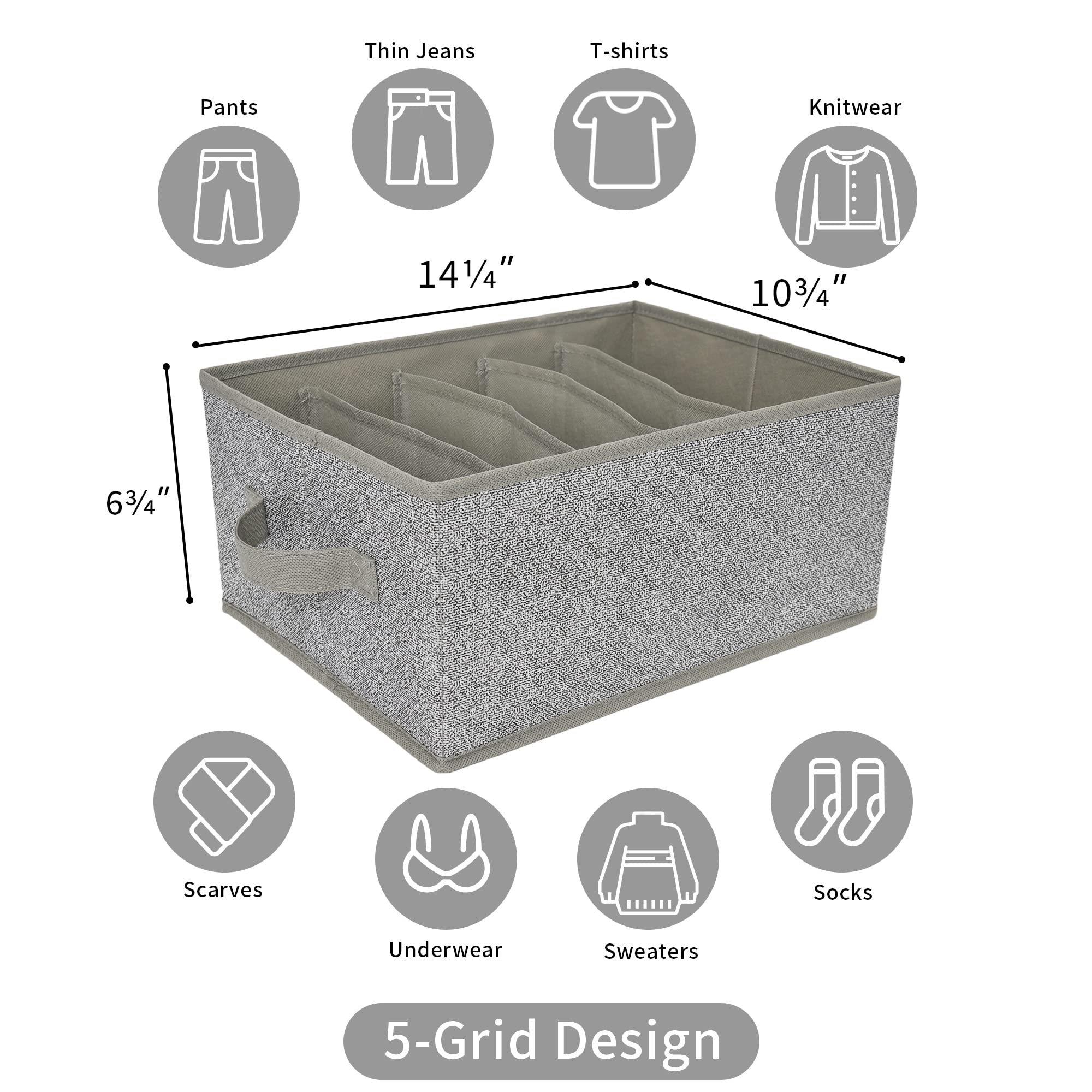 GRANNY SAYS 5-Grid Clothes Organizer for Folded Clothing & Jeans - Gray Wardrobe & Drawer Storage Solution (2-Pack) | Perfect for Closet Organization, Travel Packing & Home Decluttering