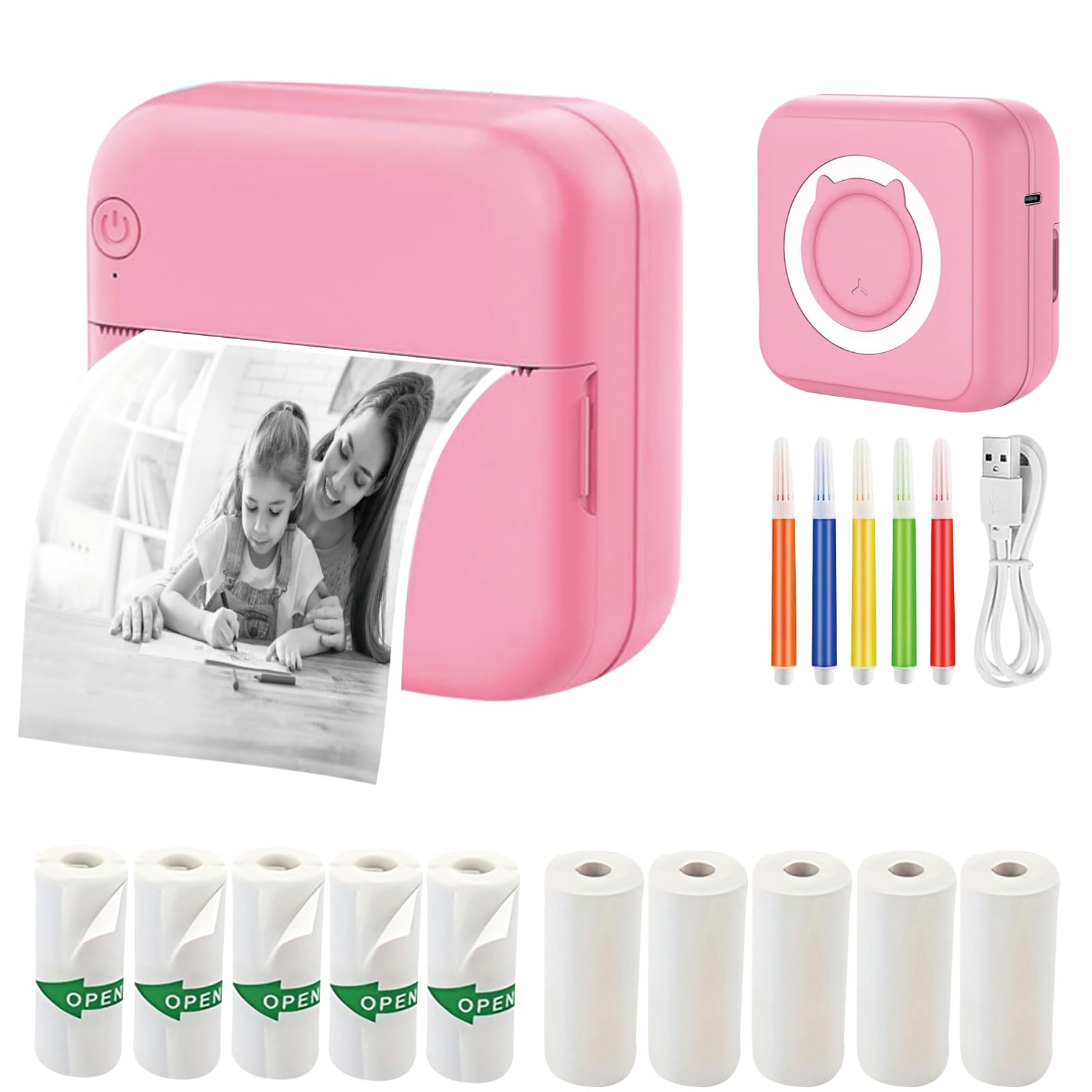 Mini Pocket Inkless Thermal Sticker Printer for iOS & Android - Portable Photo Printer with 10 Rolls Thermal Paper - Perfect for Notes, Journals, Memos & Study (Pink) | Great for DIY Crafts, Scrapbooking & Instant Photo Sharing