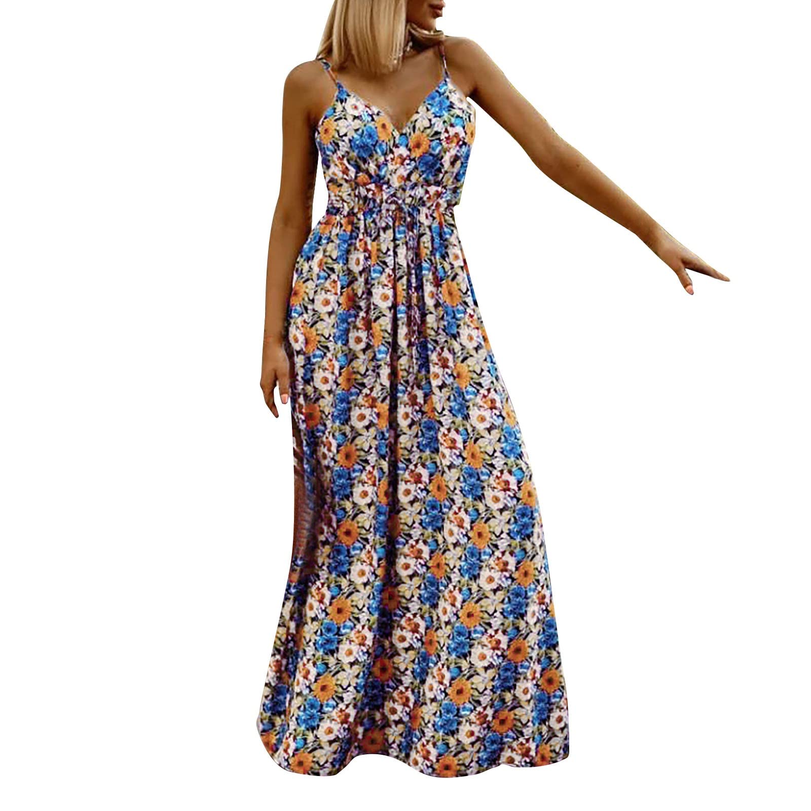 Women's Floral Spaghetti Strap Summer Dress - Boho Casual Sleeveless V-Neck Swing Sundress for Beach, Vacation & Outdoor Activities