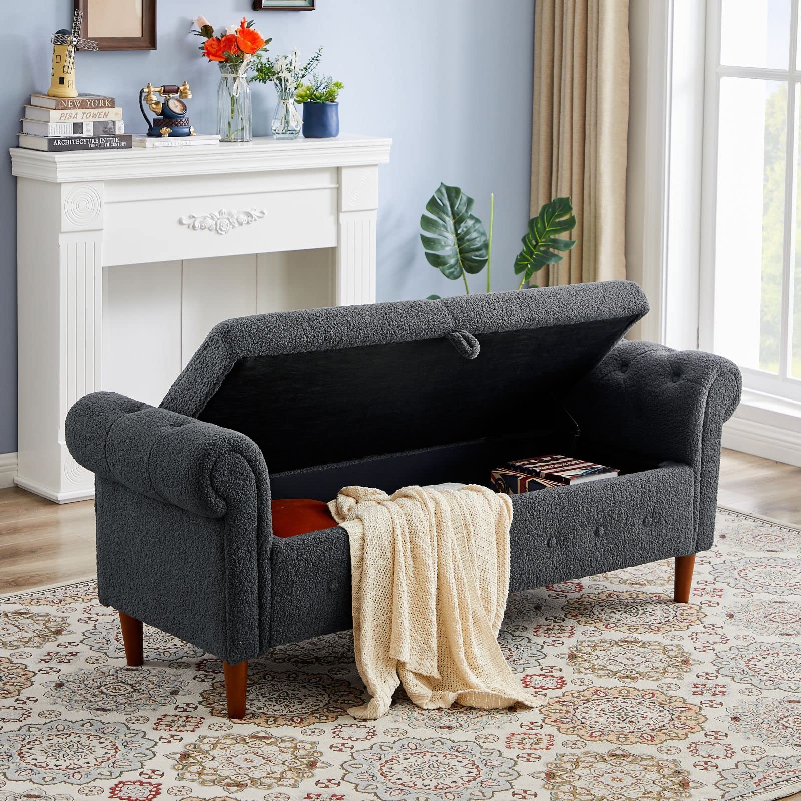 Aoowow Storage Bench with Rolled Arms - Teddy Fabric Ottoman for Bedroom, Living Room, End of Bed - Multi-Functional Seat & Toy Storage (Grey) - Perfect for Window Seating, Fireplace Lounging & Home Organization