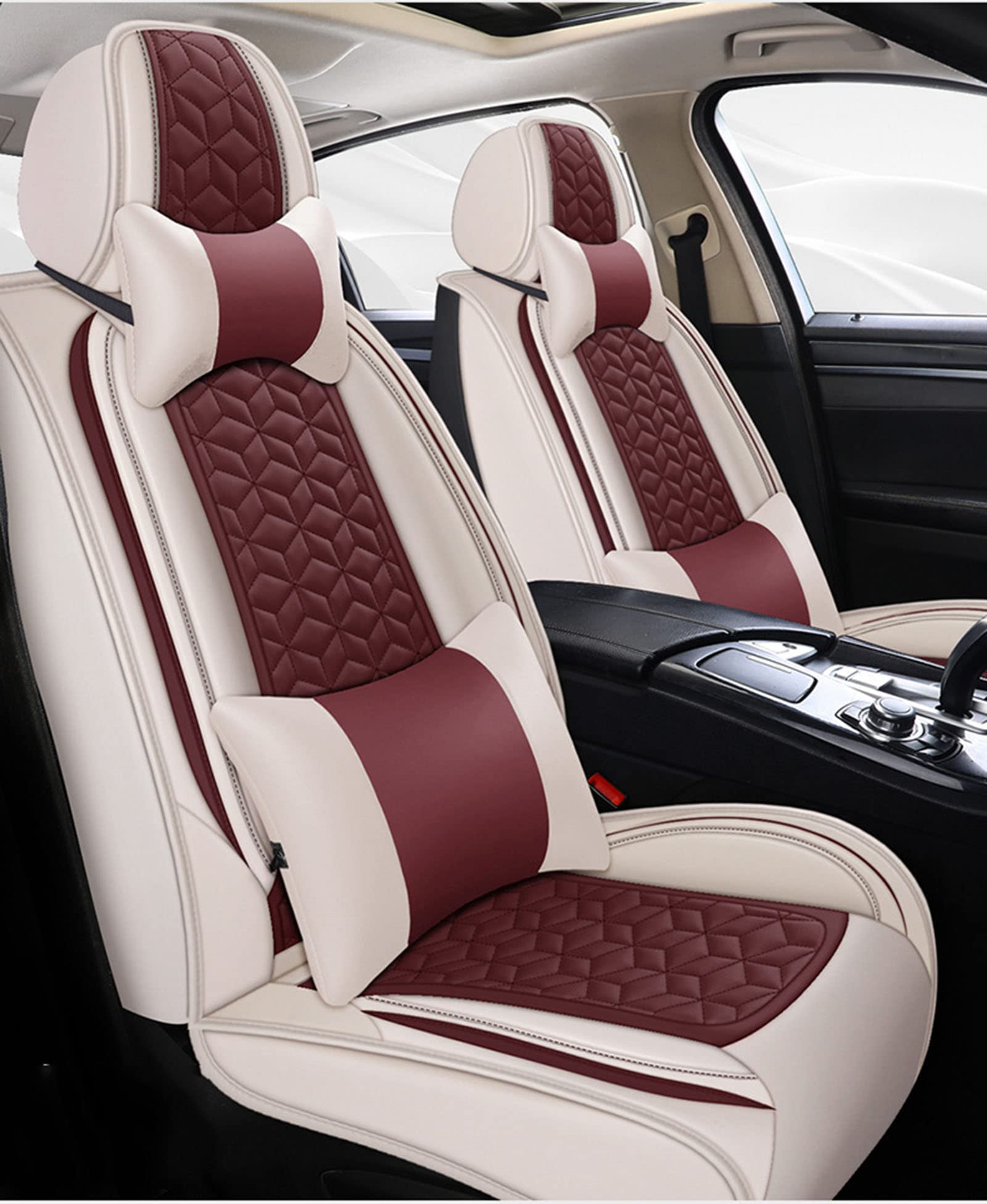 KEINXOW Universal 5-Seat Car Seat Covers - Waterproof PU Leather Front & Rear Cushion Set with Headrest & Lumbar Support Pillows for Sedan, SUV - Perfect for Road Trips & Daily Commute