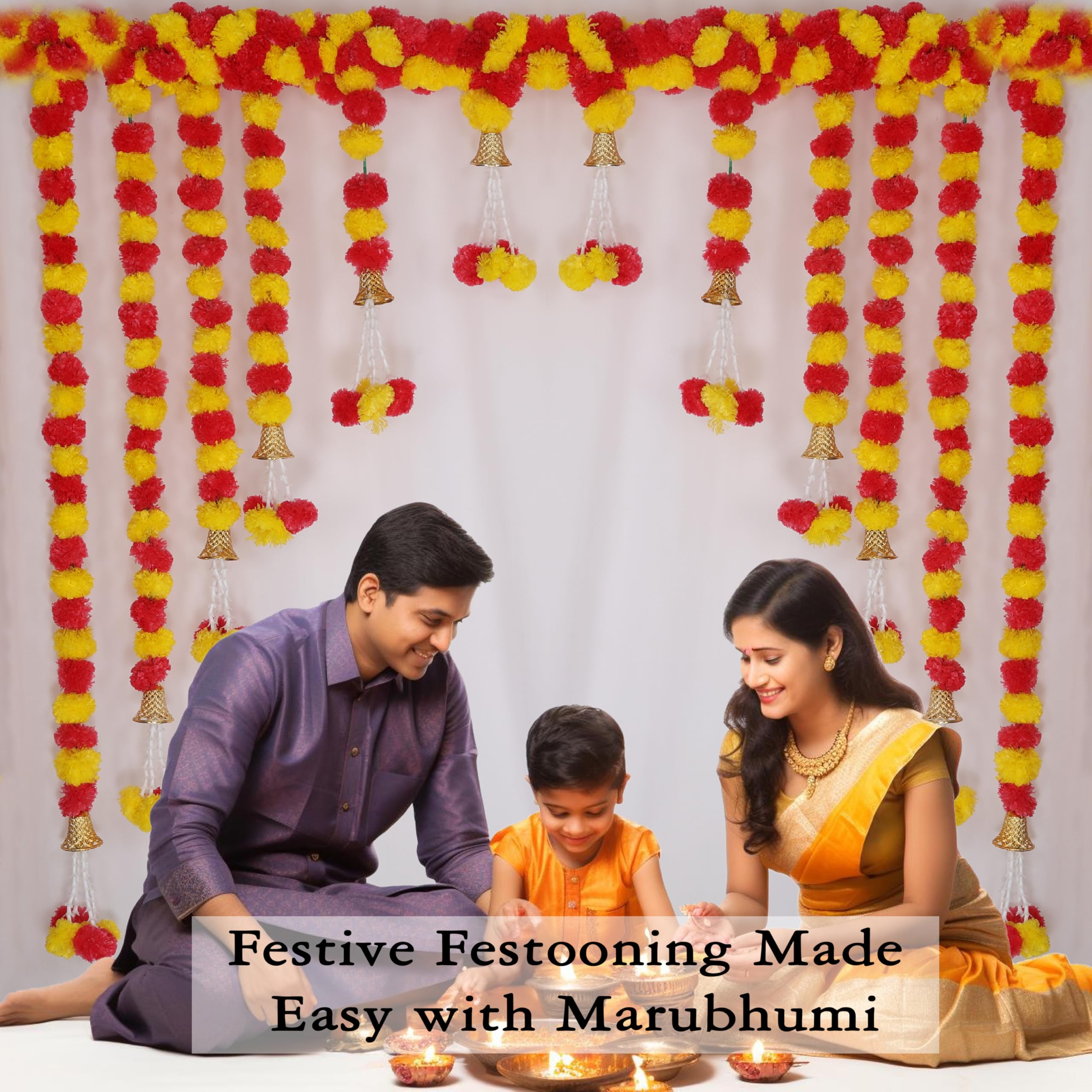 Marubhumi 5 Feet Artificial Marigold Flower Strands Garland - Yellow & Red (5 PCS) for Diwali, Christmas, Wedding & Home Decor | Perfect for Festive Parties, Mandir Decoration & Seasonal Celebrations