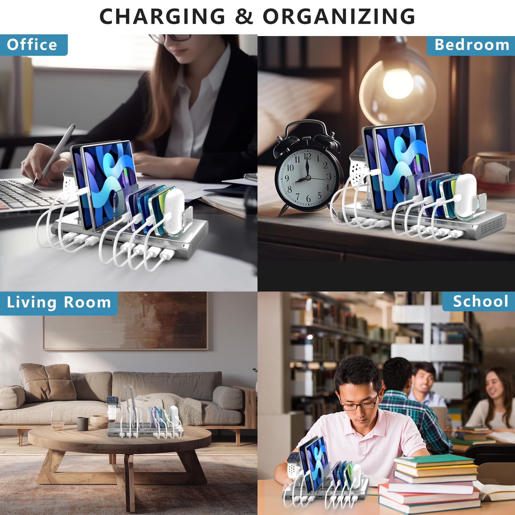 Unitek 10-Port USB Charging Station for iPad, iPhone, Android | Fast Multi-Device Charger Dock | Cell Phone Organizer for Home, Office & Travel | Silver
