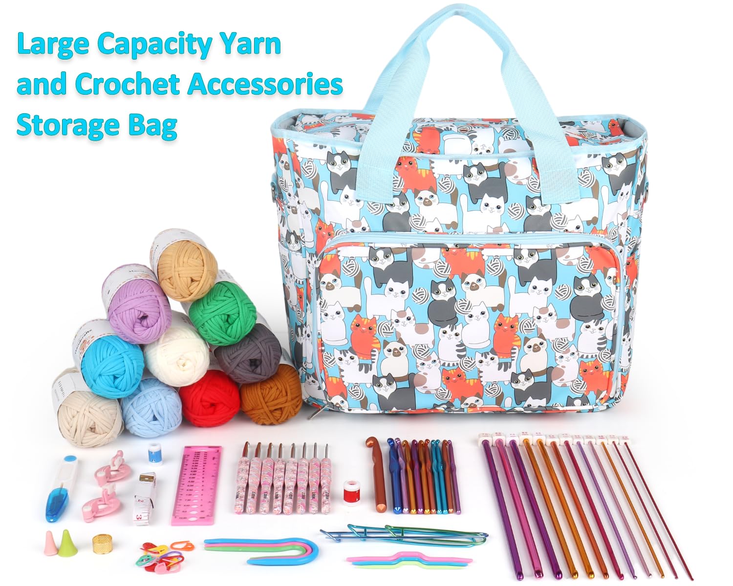 Crochet Bag for Yarn Storage - Large Knitting Tote with Pockets for Needles & Hooks | Travel & Craft Projects - Blue Cat Design