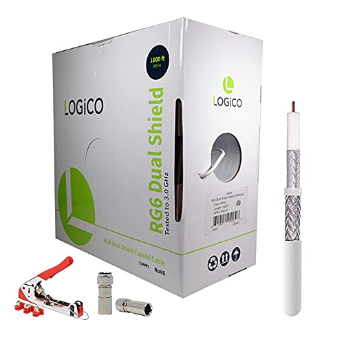 LOGICO RG6 Coaxial Cable 1000FT White - Dual Shielded for High-Speed Internet & HD TV - Includes Compression Tool & 50 F-Type Connectors Kit - Perfect for Home Theater, CCTV & Satellite TV Installations