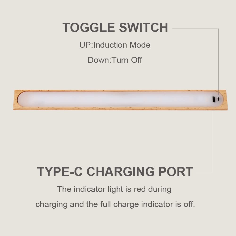 Wireless Under Cabinet Lights with Motion Sensor - USB Rechargeable Wooden Night Light for Wardrobe, Closet, Cupboard (Warm White) - Perfect for Bedroom, Kitchen, Hallway & Staircase Lighting